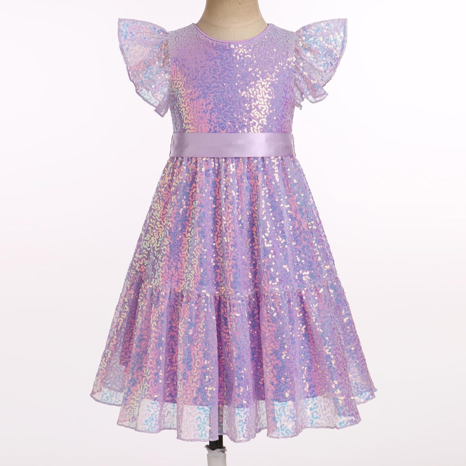 OBEEII Girls Sequin Dress Ruffle Sleeve Sparkly A-line Party Dress with Belt Princess Pageant Prom Birthday Formal Dress - Image 2