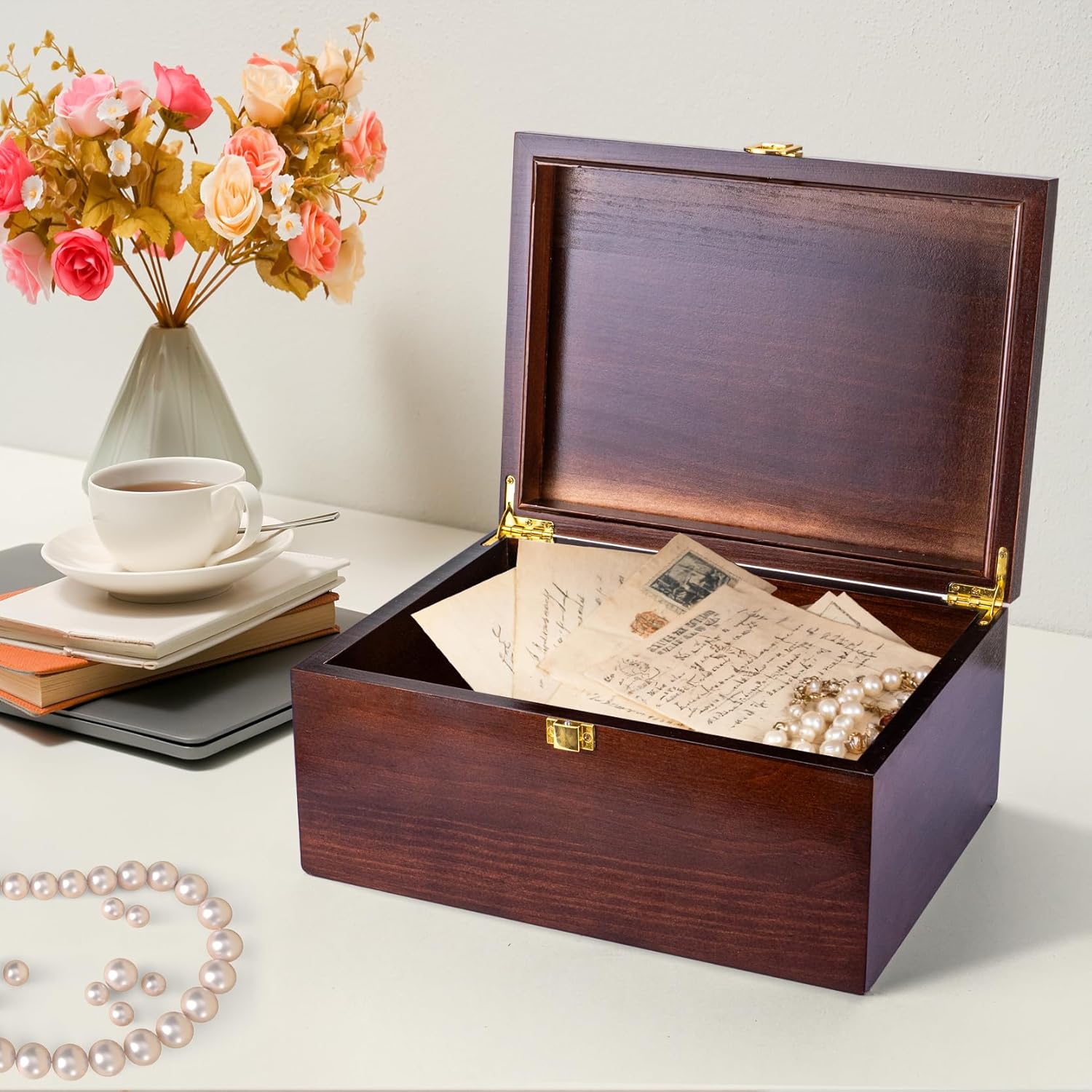 Larger Wooden Memory Wedding Keepsake Boxes With Hinged Lids - Decorative Storage Box With a Hinge Lids For Letter Time Capsule - Wooden Gift Boxes,5.3“*8.6”*11.7“
