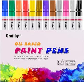 Paint Markers, 12 Pack Oil-Based Waterproof Quick Dry Permanent Paint Pen Set for Rocks Painting, Wood, Fabric, Plastic, Canvas, Glass, Mugs, Metal, Tire, Stone, DIY Craft