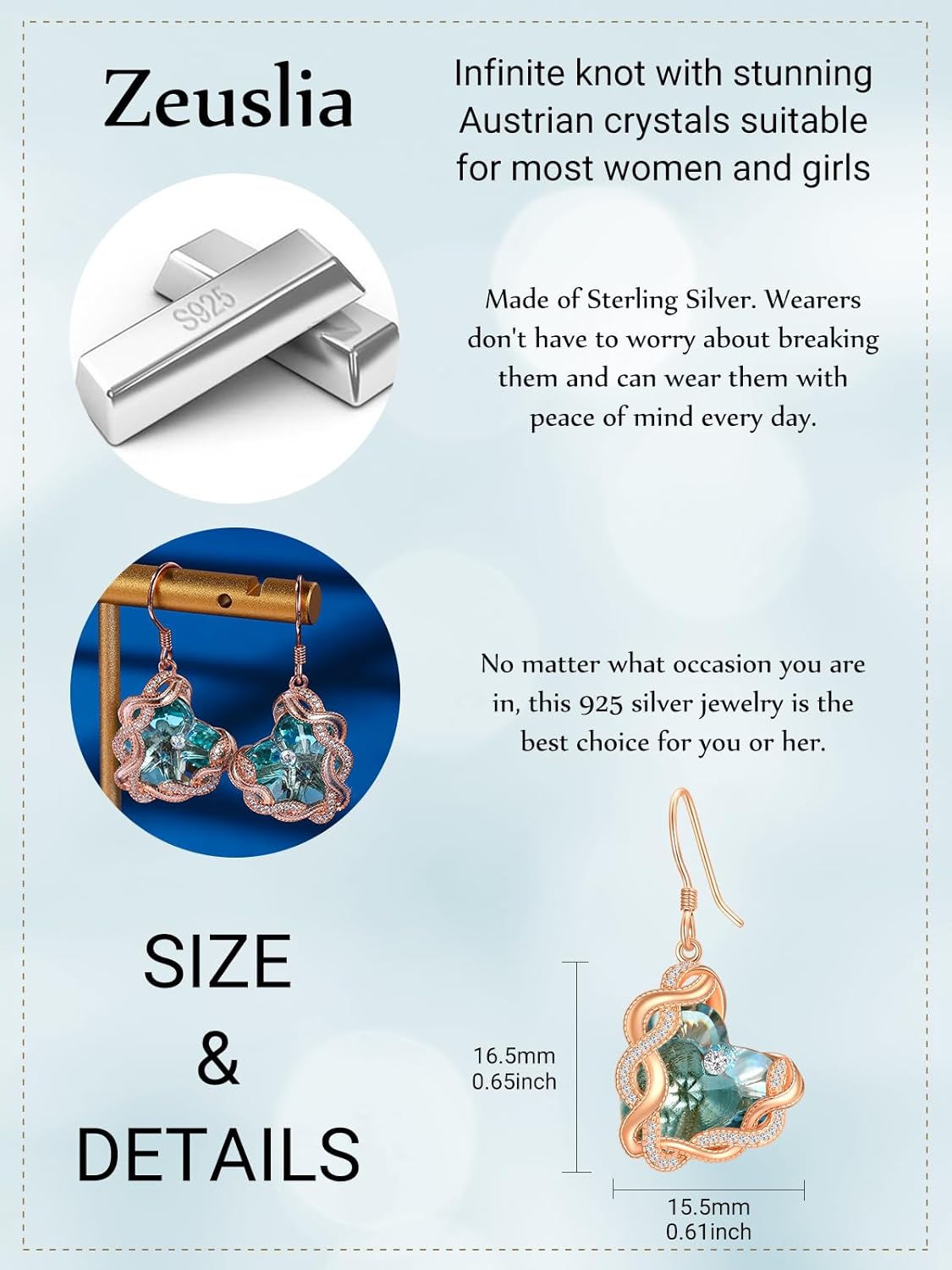 Infinity Heart Birthstone Crystal Earrings for Women, 925 Sterling Silver Women Dangle Earrings, Birthday Jewelry Gifts for Wife Girlfriend Mom Grandma Daughter