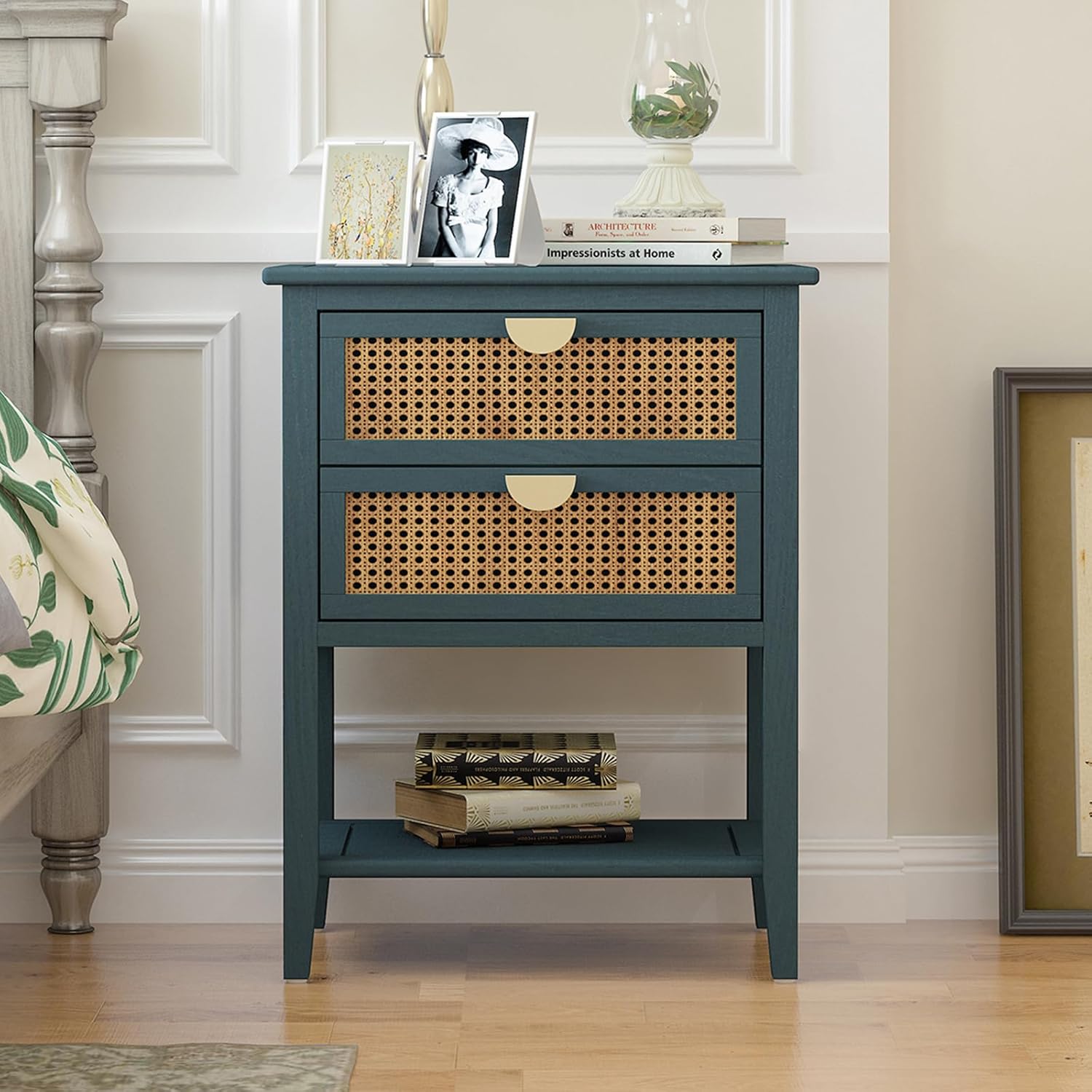 Rattan Night Stand with Drawers - Nightstand with Drawers, Accent End Table Set with Storage Shelf, Wood Bed Side Table, Boho Bedside Table for Bedroom, Living Room, Green