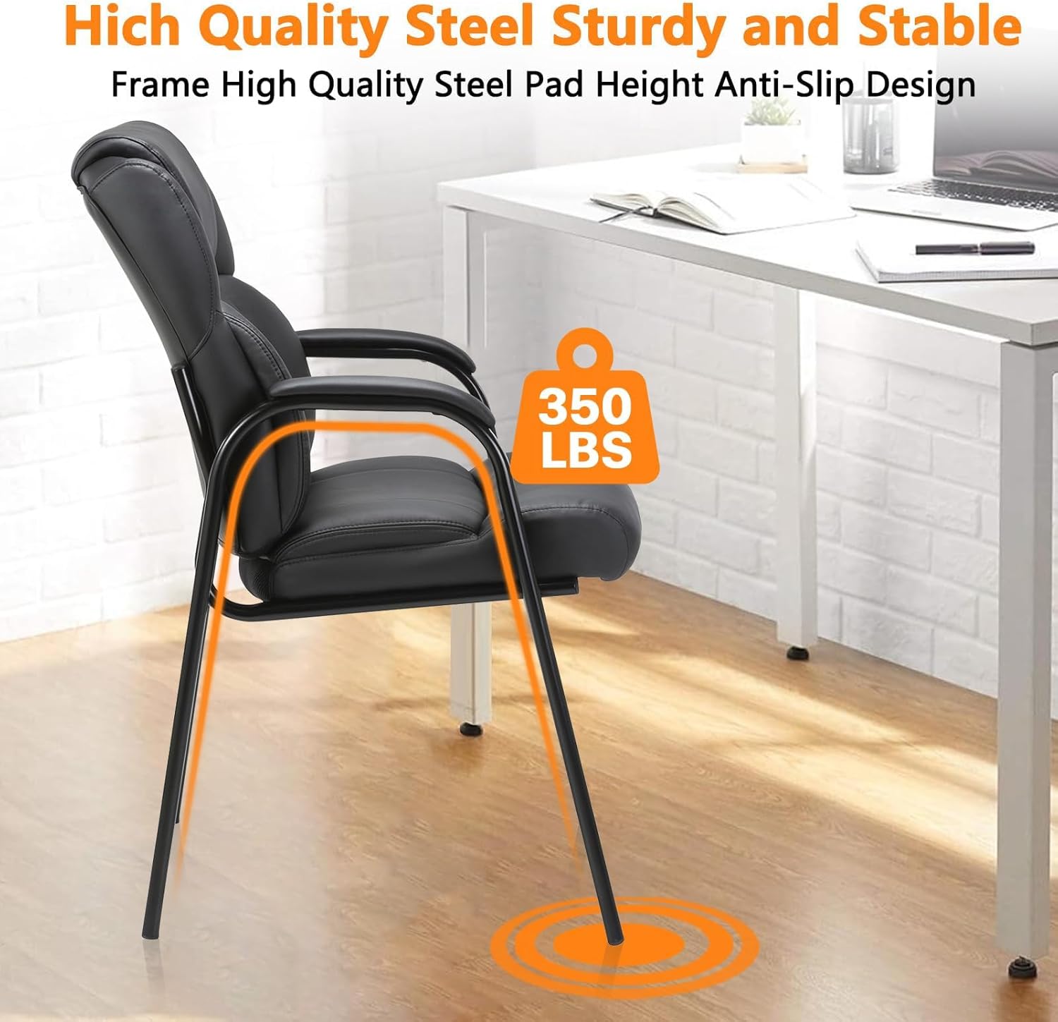 CLATINA Leather Reception Guest Chair, Office Stationary Armchair with Padded Armrests for Meeting Conference Waiting Room Lobby School, Black, 2 Pack