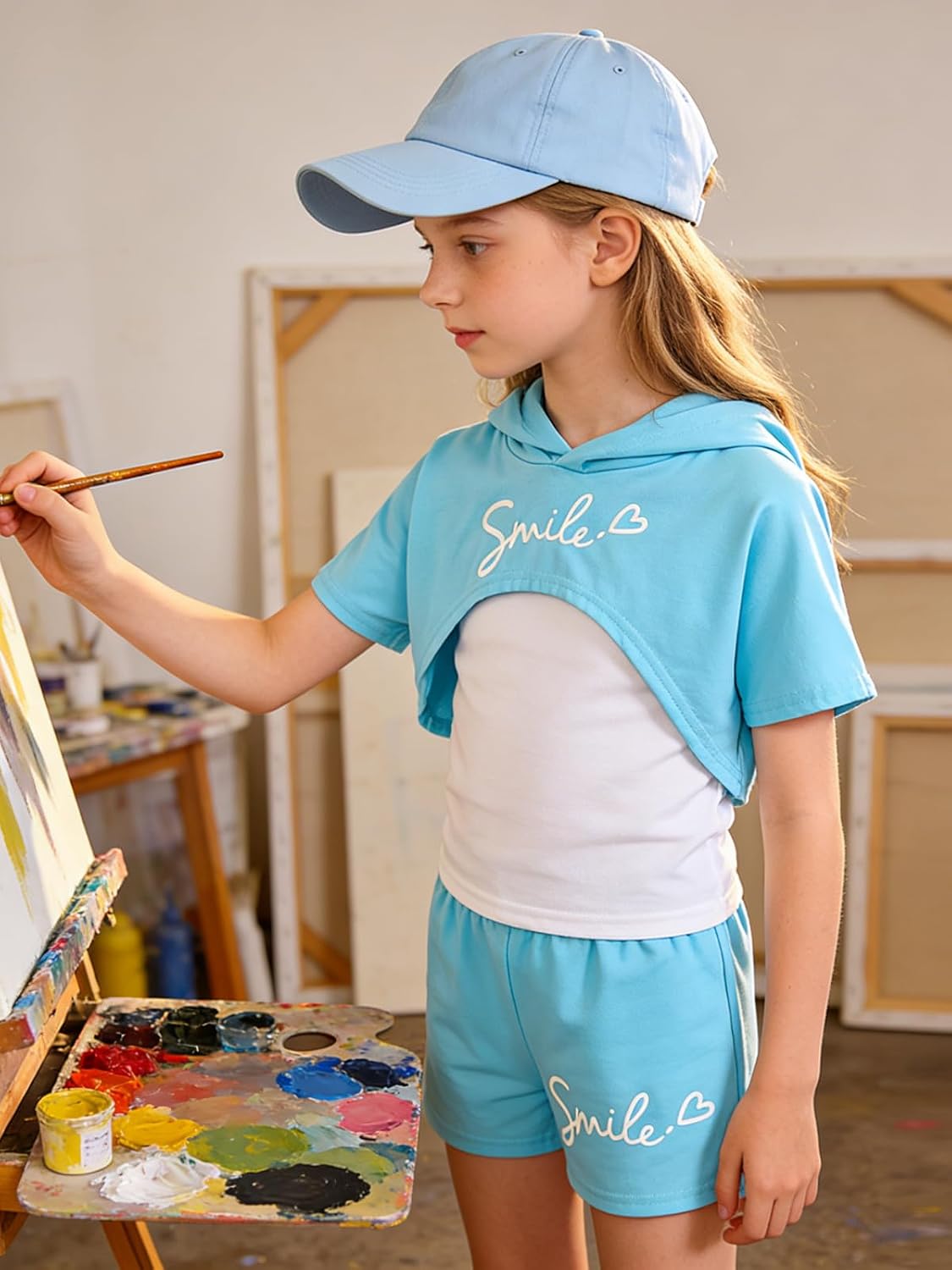 Size 6-12 Years Girl's 3 Piece Summer Outfits Hoodie Graphic Crop Tee and Cami Top with Kids Shorts Set