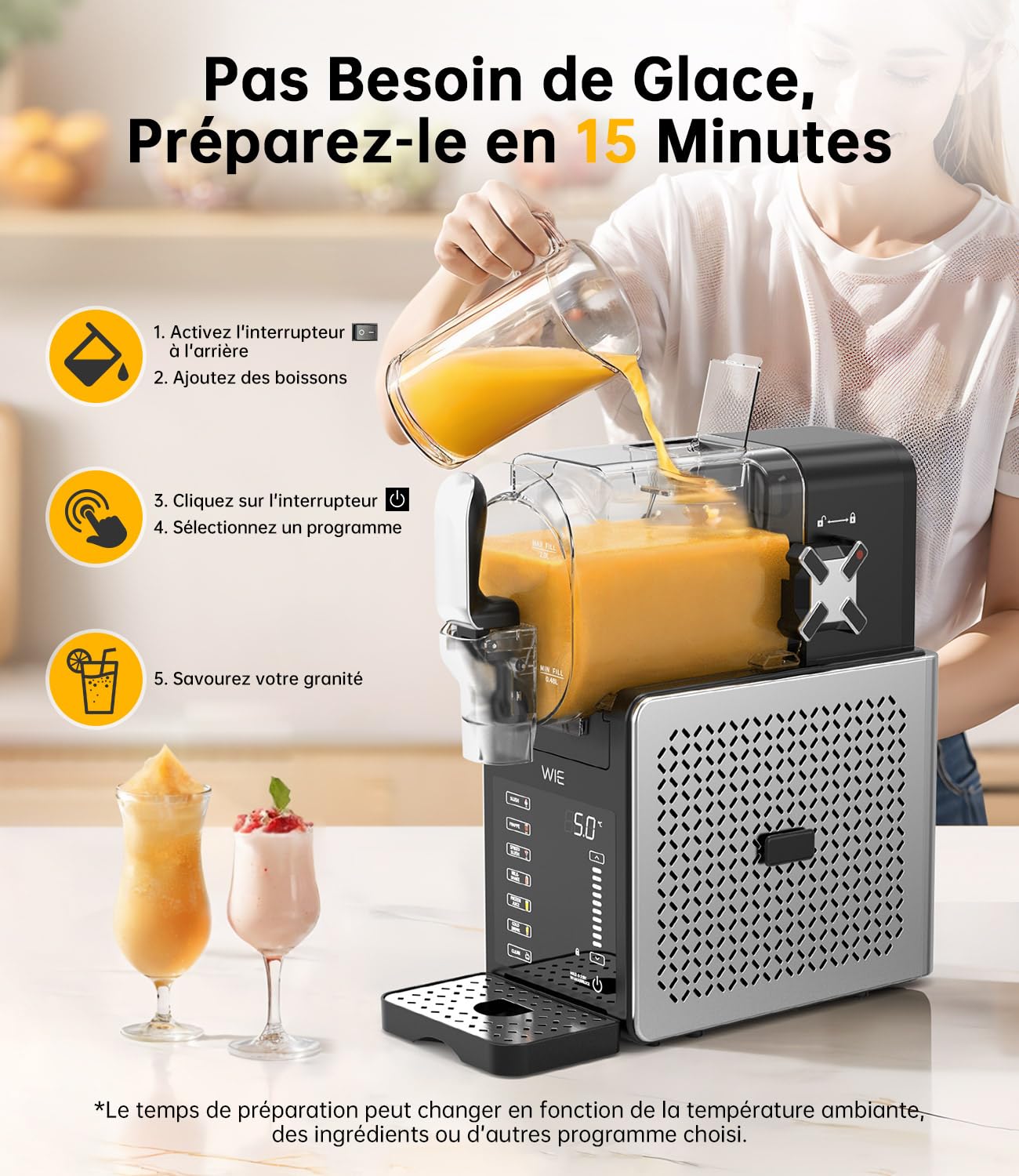 WIE Slush Machine 2.6L Sans Glace Machine à Granité mit 6 Programmes Autonettoyage Slush Maker pour Maison, Fabricant de Slush pour Margarita, Cocktail, Milkshake, Frappé