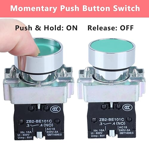 Miniatura 2 de 2PCS 22MM Interruptor de botón momentáneo Interruptor de parada de arranque Cabeza de metal XB2 1NO Verde