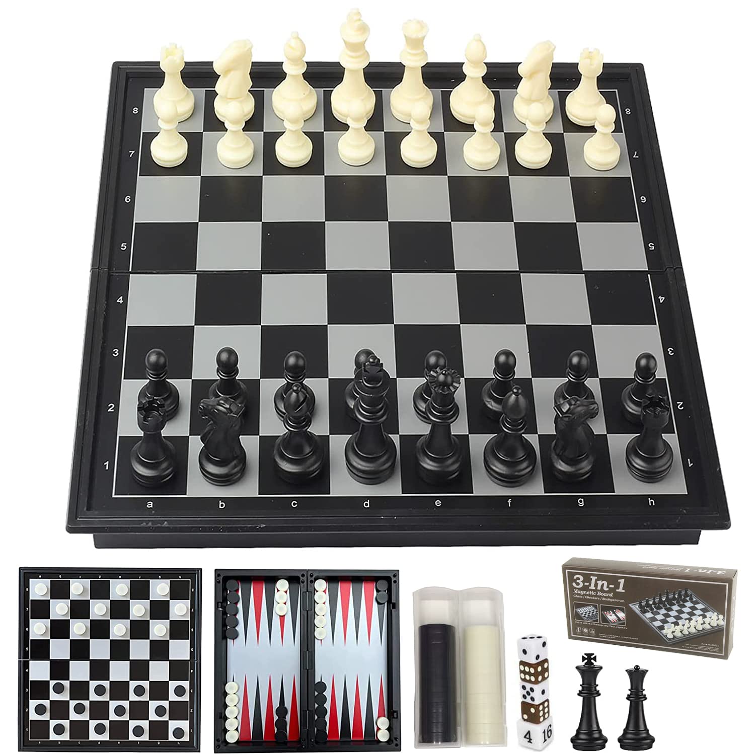 ZeJlo Travel Chess Set 3 in 1 - Chess Checkers Backgammon Set Magnetic - Travel Board Games Portable with Elastic Bag