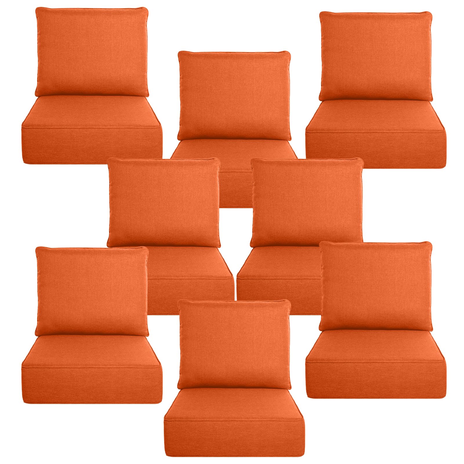 Luxury 6" Thick Outdoor Cushion Set 8 - 22x24 Patio Furniture Cushions with 28D High-Density Foam, Water-Resistant &amp; Fade-Resistant Fabric, Removable Covers for Patio Furniture Sofa Couch -Orange