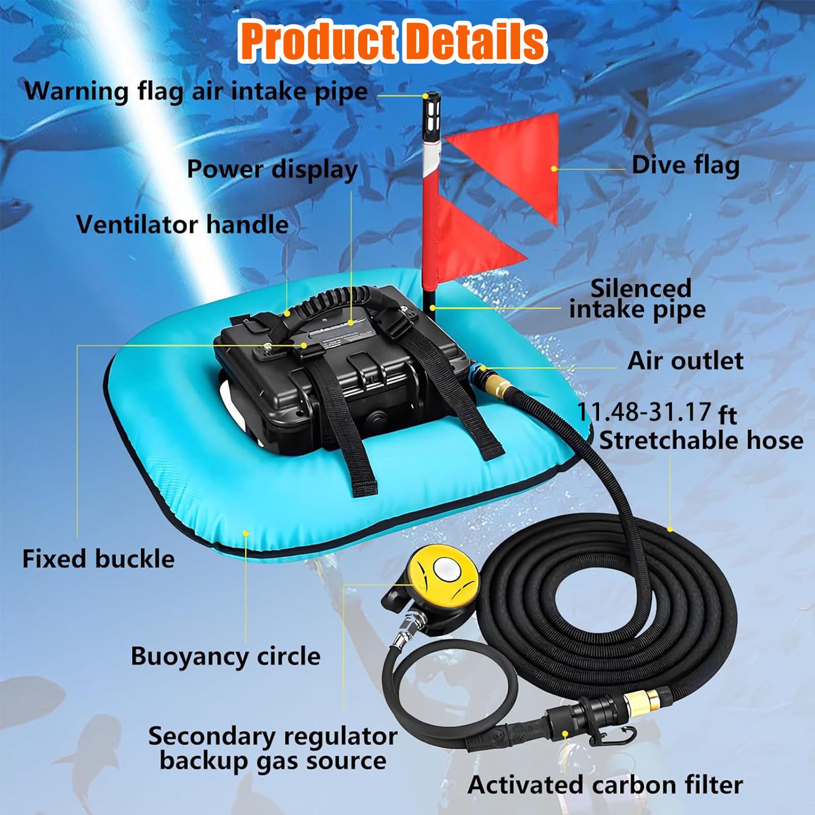 Bombona de Buceo Eléctrica con Compresor y Manguera de 9,5M. Equipo de Buceo Portátil con Filtro Activo para Limpieza de Cascos y Pesca Deportiva. Red-Singlebattery