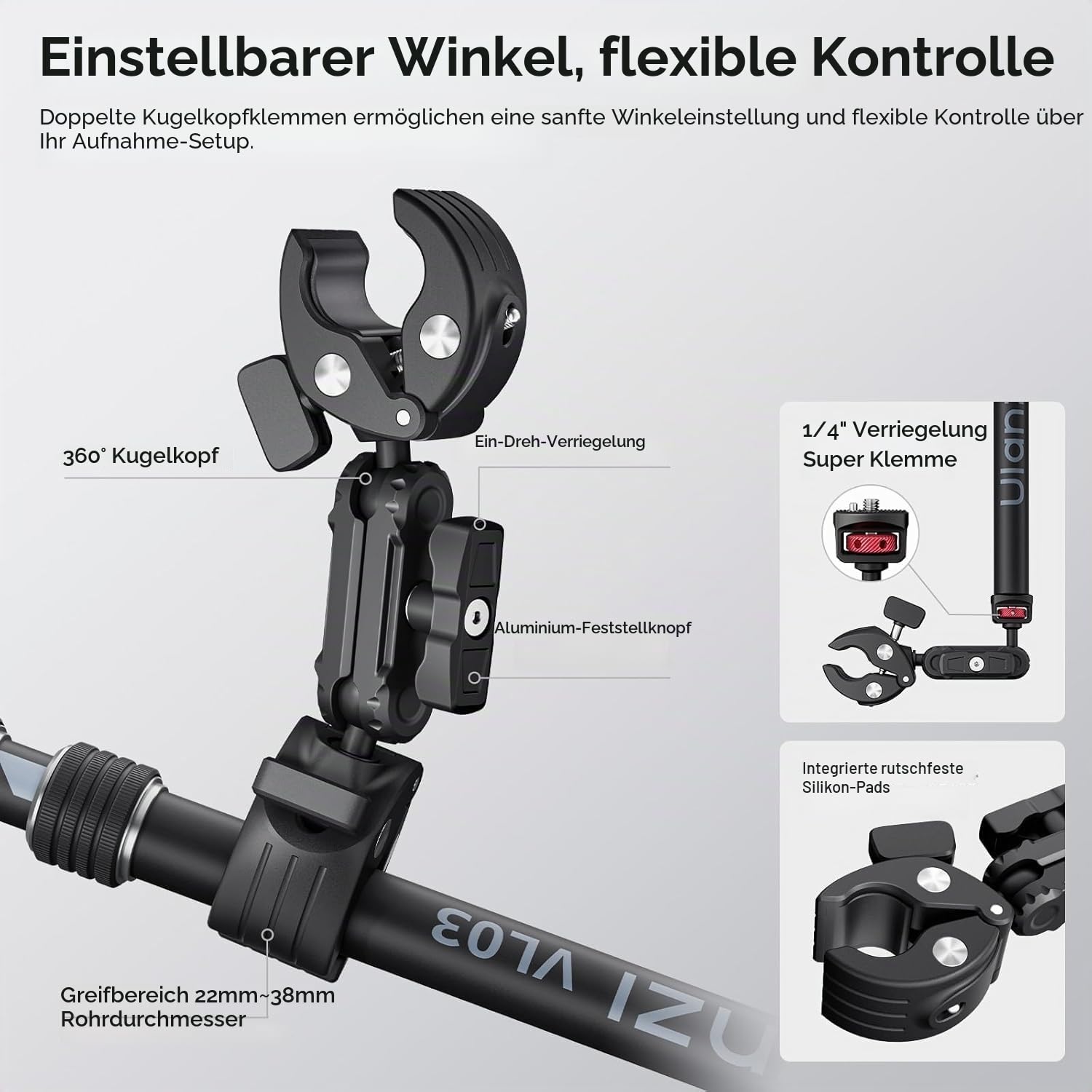 ULANZI VL03 Motorrad Halterung für Insta360 X5 X4 X3/DJI Osmo 360 mit Schnellverschluss, 40in Verlängerungsstangen-Klemmhalterung für GoPro DJI Insta360 Action-Kamera