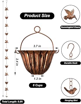8.8ft Rain Chains for Gutters Outside, Rain Catcher Chain with 6 Metal Cups & Hummingbird Decor, Hanging Rain Hutter Chain Downspout Substitute for Garden Drainage & Eaves (Bronze Hummingbird)