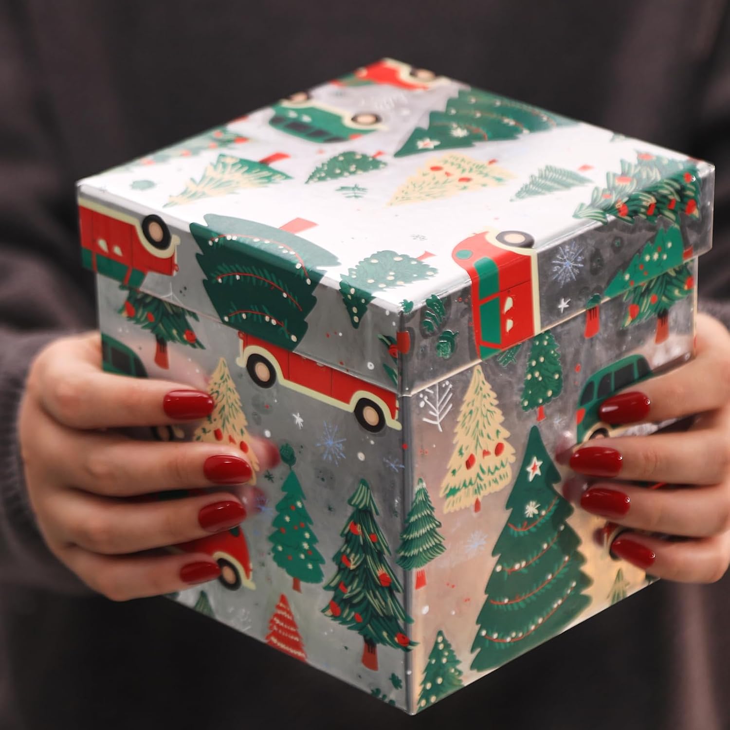 PAPER FAIR 5PCS Christmas Nesting Gift Boxes Set, Silver Foil Mirrored Xmas Tree Car Square Cardboard Nested Box w/Lid, for Gift Wrapping New Year, Assorted Size
