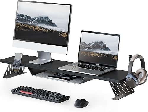 Miniatura 1 de Fenge Soporte de monitor doble, elevador de monitor de 42.5 pulgadas para escritorio, estante de escritorio de madera para 2 monitores, estante de