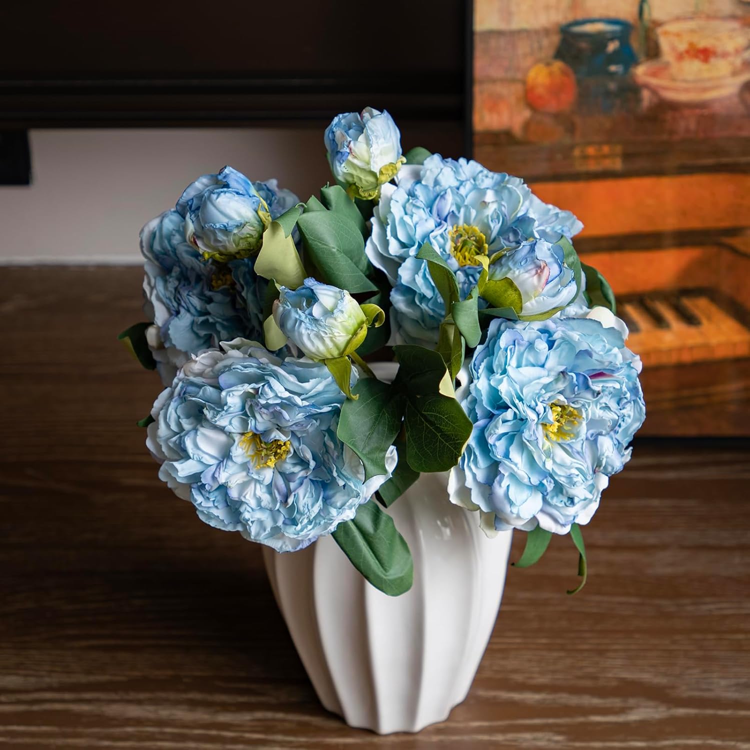 DUYONE Silk Peony Fake Flowers Large Long Stem Plants for Decoration Home Decor Living Room Artificial Flowers Decoration (Blue 4pcs)
