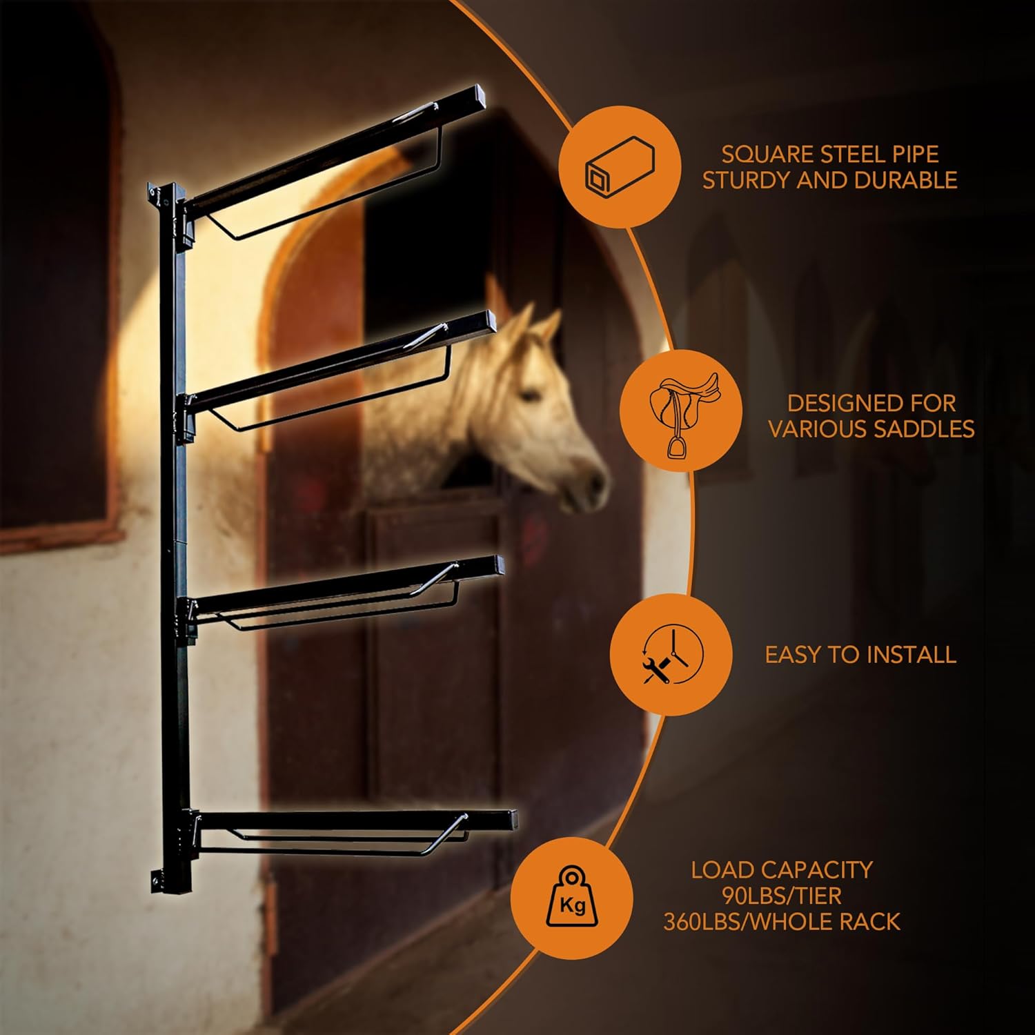 Seny 4 Tier Heavy Duty Horse Saddle Wall Mount Rack, Equestrian Saddle Storage Organizer for Ponies and Horses, Black