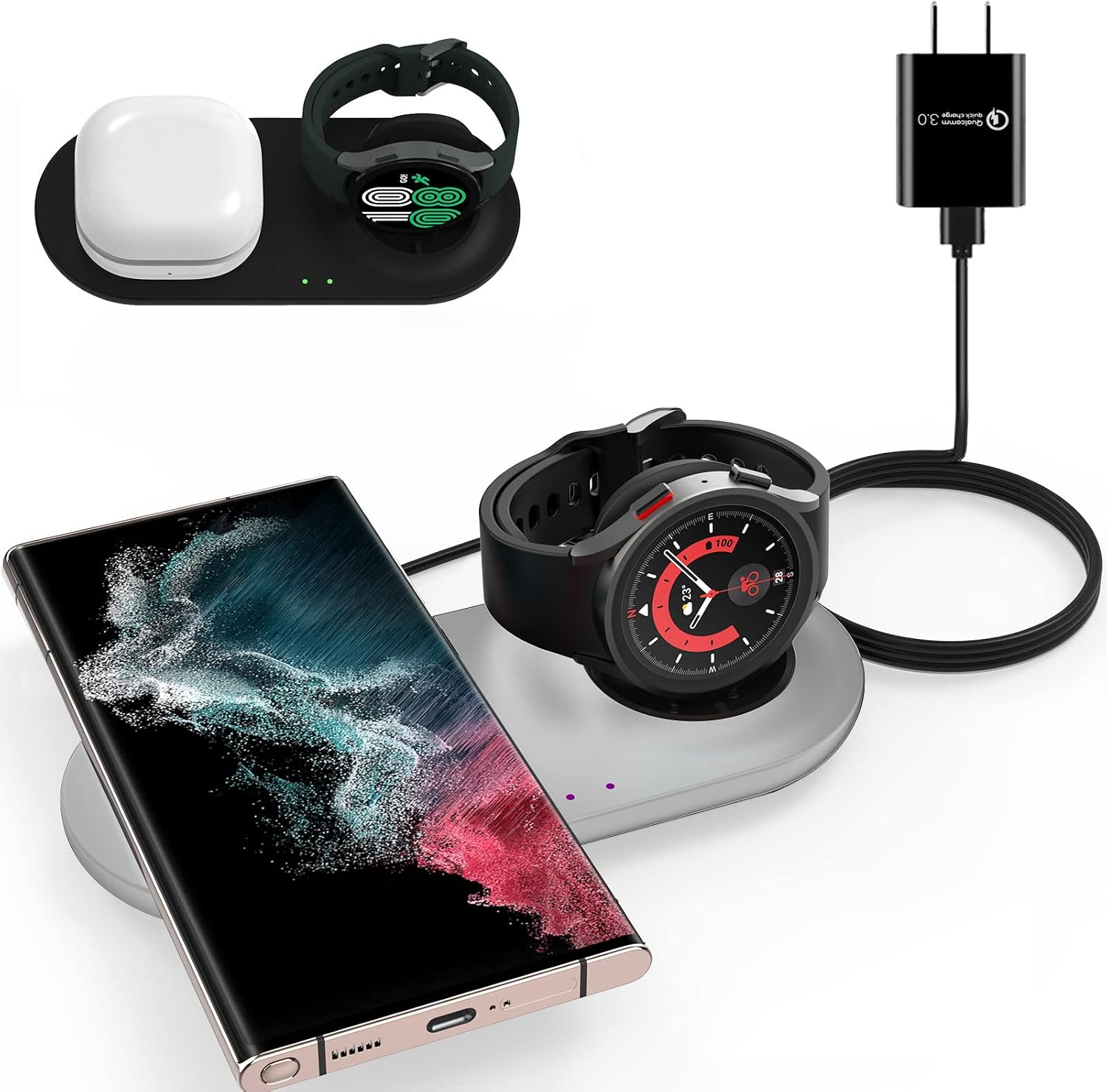 HATALKIN Wireless Charger for Samsung Galaxy Watch and Phone Charger Charging Pad Stand Compatible Galaxy Watch 3 41mm 45mm 42mm 46mm Active 2 / S22 / S21 / Note20/20 Ultra/Buds Samsung Products