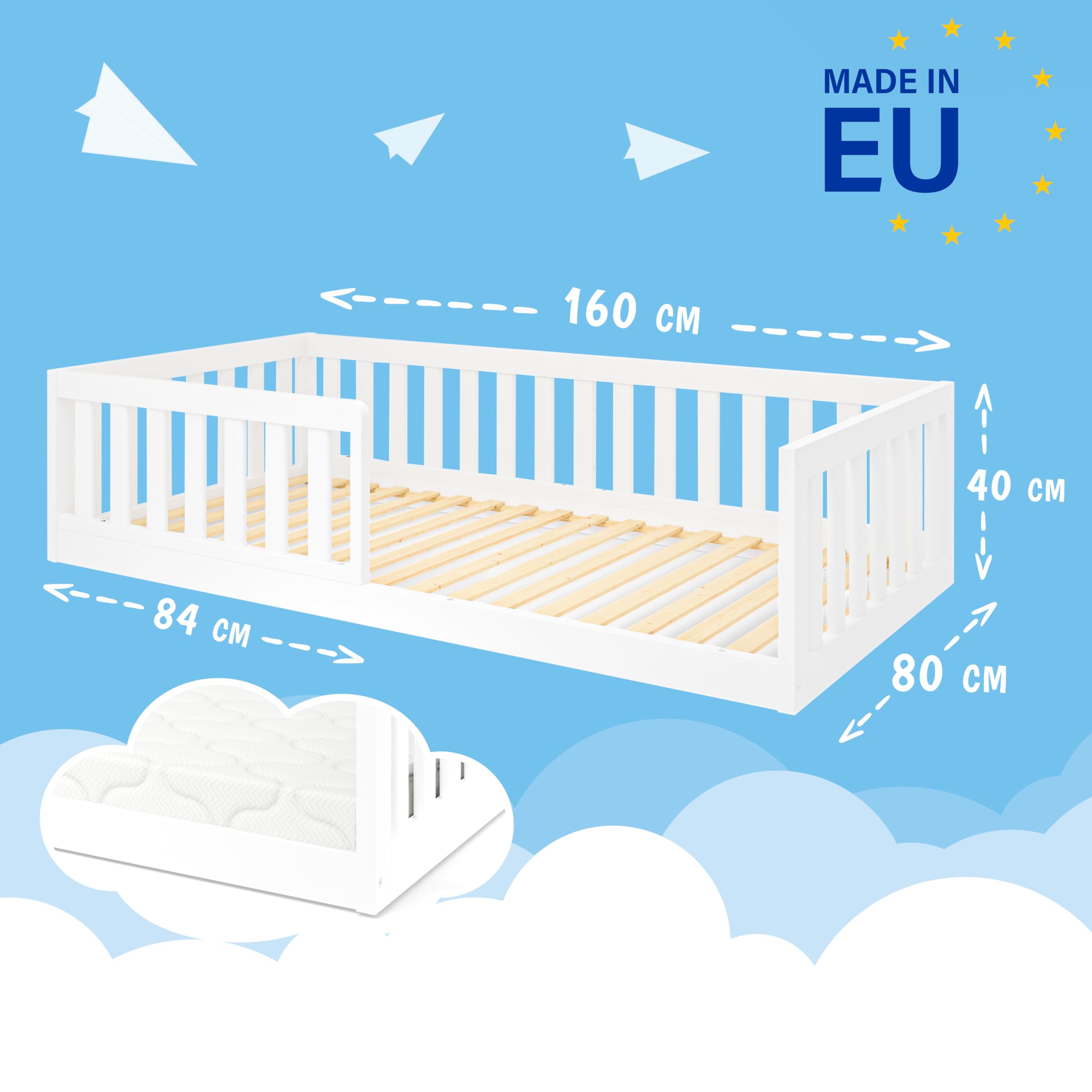 MS FACTORY Cama Infantil de Madera 160x80 cm - Protección Anticaída 40 cm - Cama Nido sin Colchón