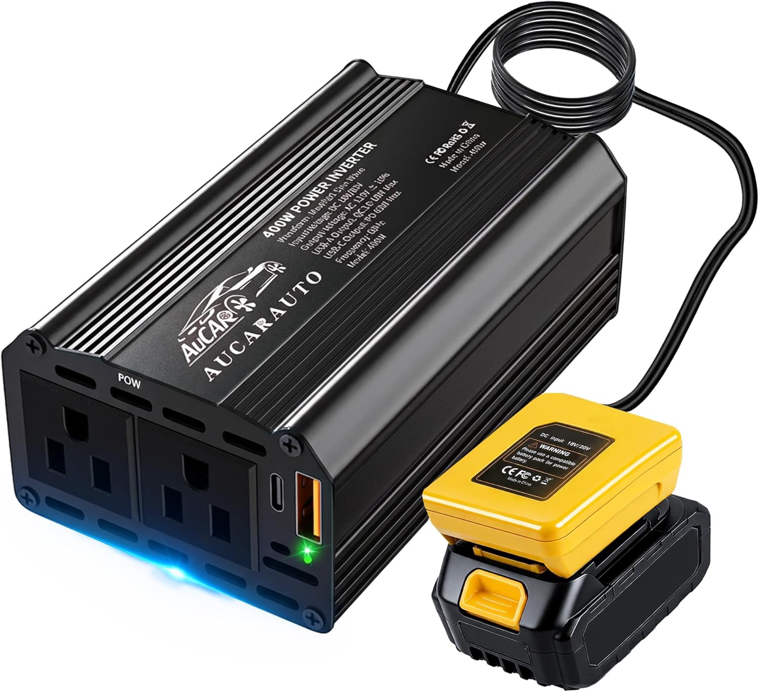 400W Power Inverter Compatible with DeWALT 20V Battery, DC 20V to AC 110V Portable Power Station with 65W USB-C & 18W USB Fast Charger, 2 AC Outlet, Charger Adapter Battery Powered Outlet