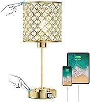 Vista 1 de Lámpara de mesa de cristal GyroVu para dormitorio, lámpara de mesita de control táctil con puertos USB-C+A, lámpara de noche regulable dorada