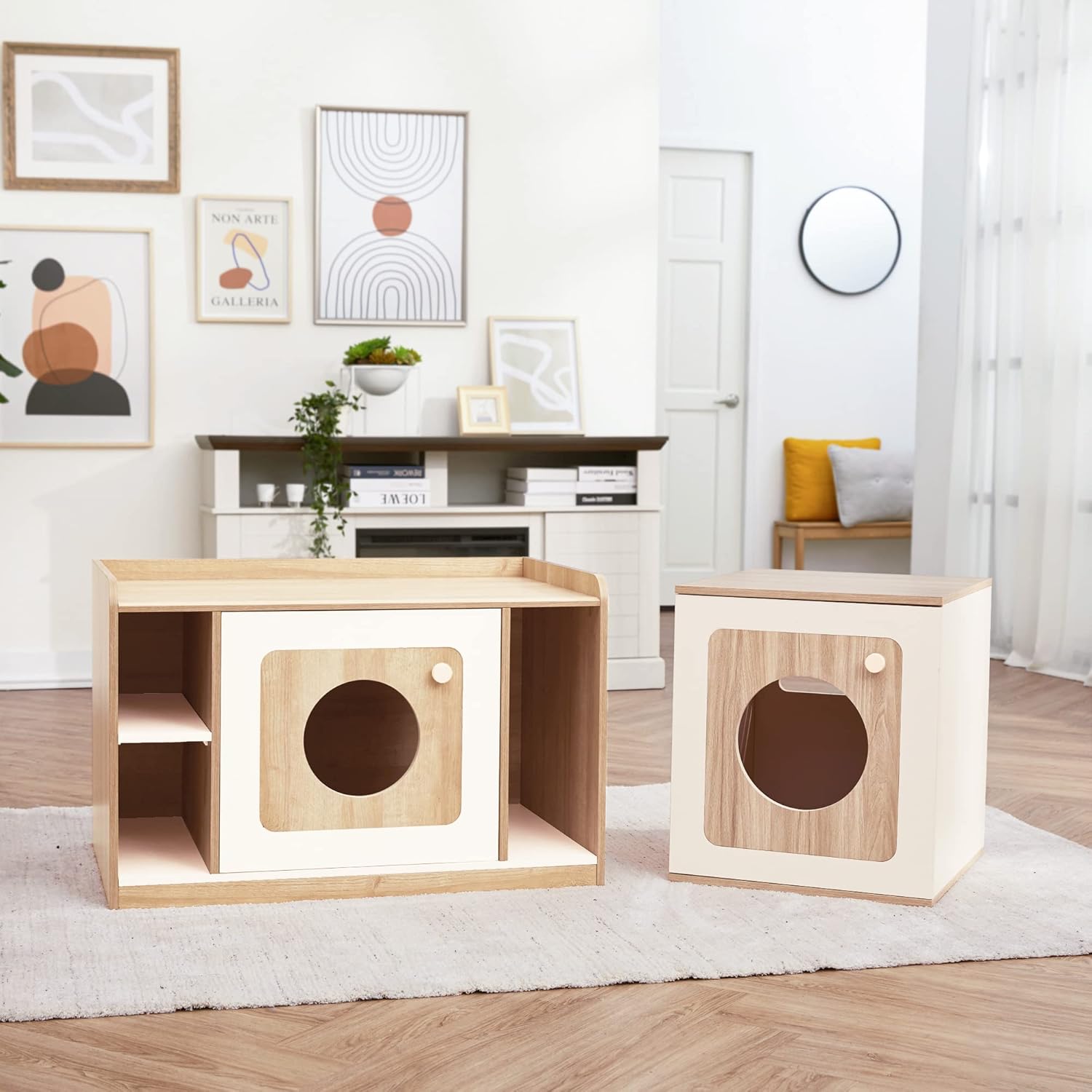 Teamson Pets Daisy Wooden Cat Litter Box Enclosure & Side Table, Tan, Ivory