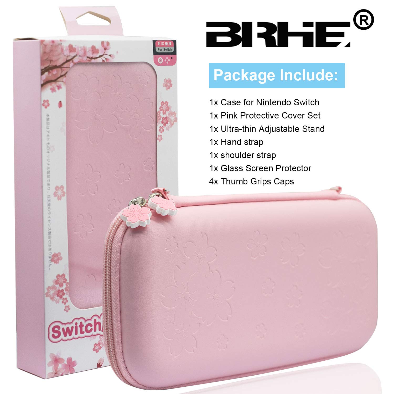 BRHE Cute Travel Carrying Case for Nintendo Switch Accessories Kit with Hard Protective Cover, Glass Screen Protector, Adjustable Stand and Thumb Grip Caps 10 in 1(Switch Pink) - Image 7