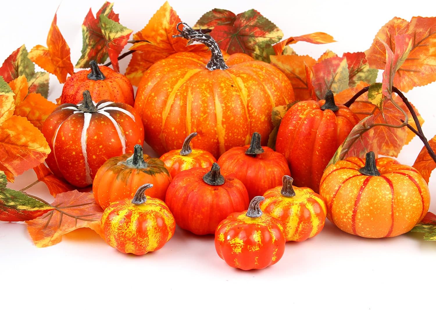 CCINEE 12PCS Artificial Pumpkins,Assorted Sized Faux Foam Pumpkin Decor for Halloween Thanksging Tabletop Decoration Supply