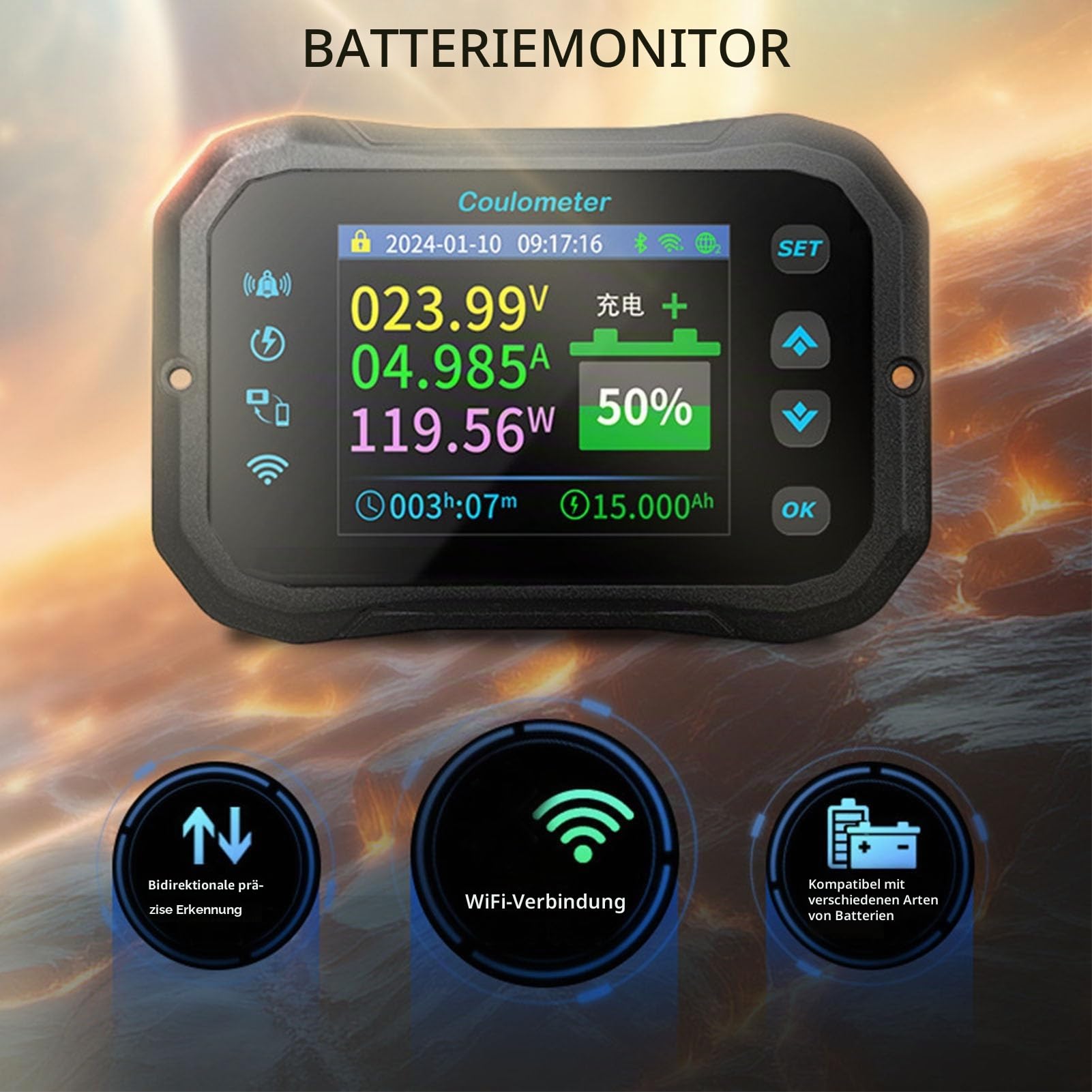 Batteriemonitor mit WiFi App Fernüberwachung Shunt für 12V 24V Batterie Golfcart Wohnmobil Boot Solaranlage Spannung Strom Kapazität