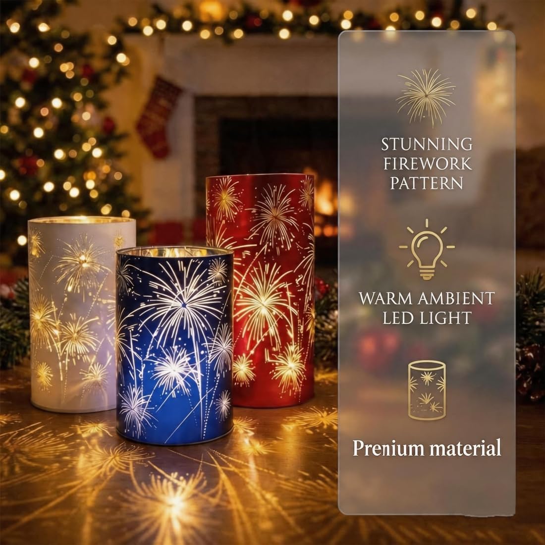 Condition photo showing New/Like New for set of 3 led hurricane candle holders with warm white twinkling lights, etched firework starburst glass pedestal centerpiece for mantel, dining table, wedding and holiday decor (red+white+blue)