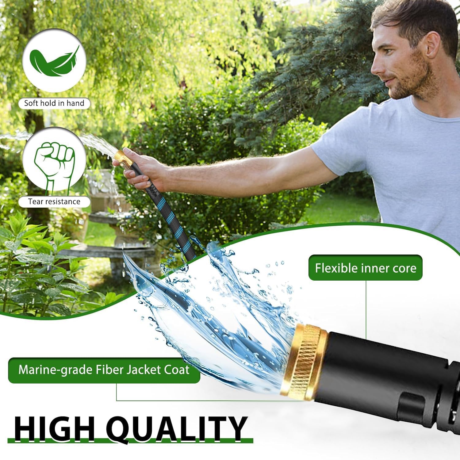 200Ft Non-Expandable Garden Hose, Flexible Water Hose with 10-Pattern Spray Nozzle, Lightweight Hose Pipe, Kink-Free, Leak-Proof, 3/4" Solid Metal Fittings
