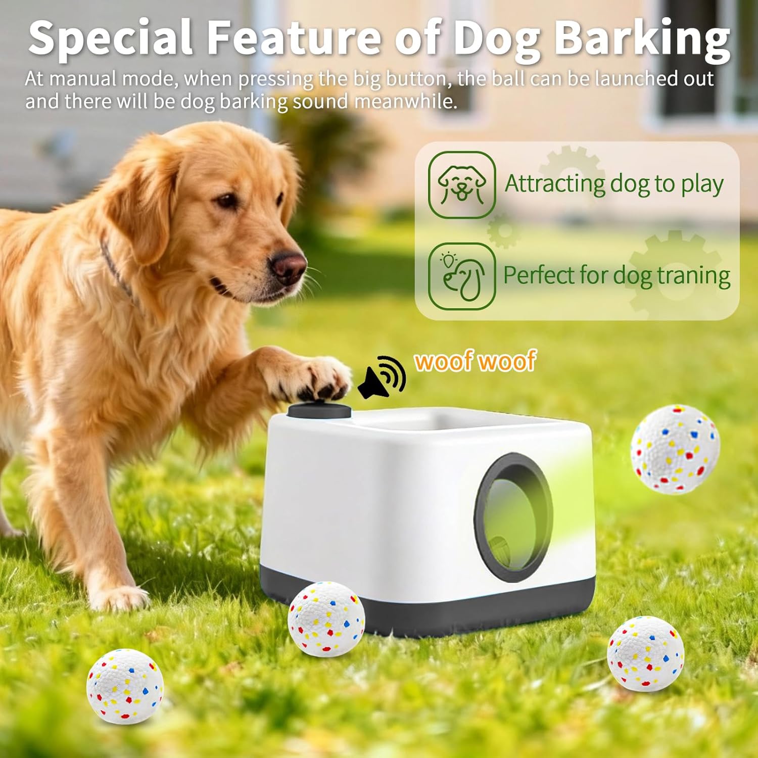 Automatic Dog Ball Launcher with Barking Function, Dual Modes (Auto/Manual) Interactive Dog Fetch Toy with 4 Adjustable Distances, Dog Balls Thrower for Small & Medium Dogs, with 4 Durable ETPU Balls