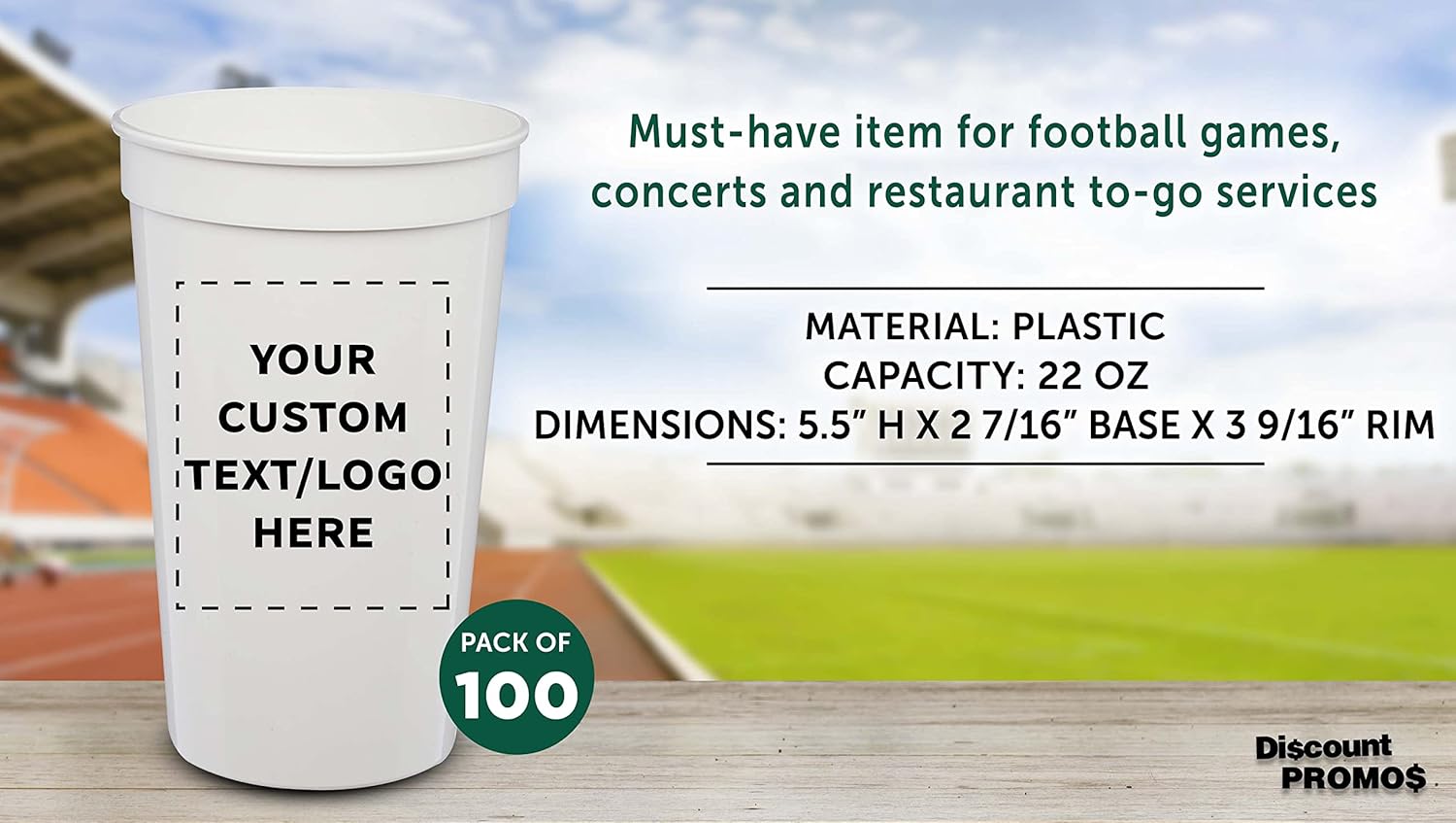 DISCOUNT PROMOS Custom Plastic Stadium Cups 22 oz. Set of 100, Personalized Bulk Pack - Perfect for Birthdays, Picnic, Beach, Parties - Translucent White