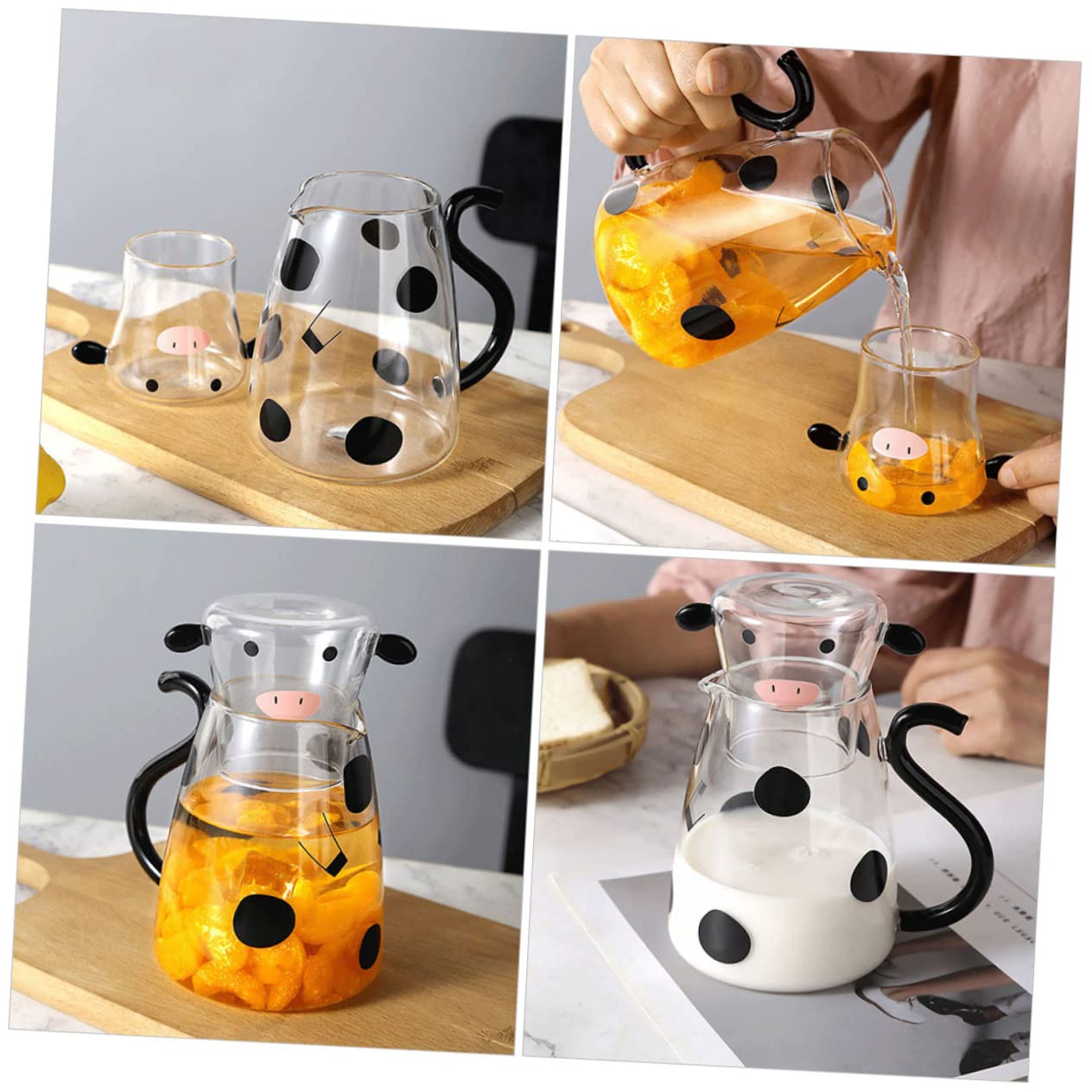 SOLUSTRE Kaltwasserkrug Glas mit Kuhmotiv Glasbecher als Deckel Hitzebeständig für Zuhause Büro Karaffe Großer Wasserspender für Tee Saft Milch