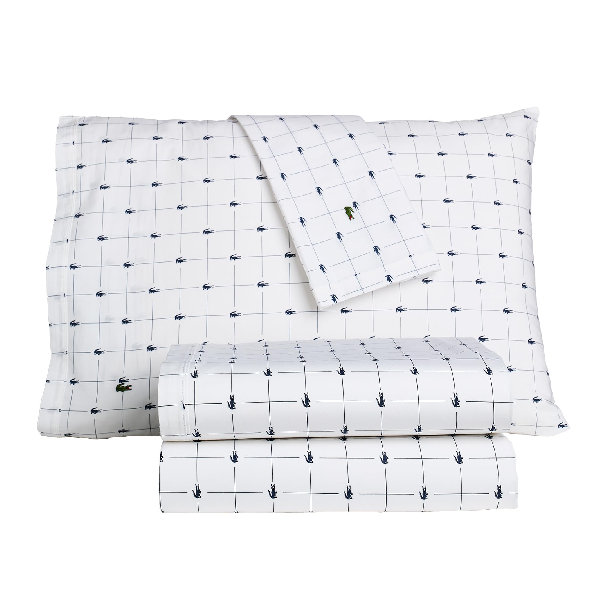 Lacoste Slice 100% Cotton Percale 4-Piece Sheet Set – Cool, Crisp, Matte, and Durable, Oeko-Tex Certified – Print, Navy, California King