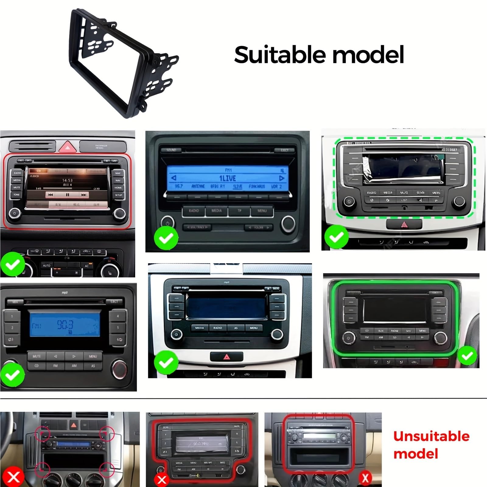 Montaje Autoradio Marco Compatible con VW Compatible Passat B6 B7 Golf 5 6 Polo Jetta Seat Altea Panel embellecedor DIN Radio estéreo de Coche Marco