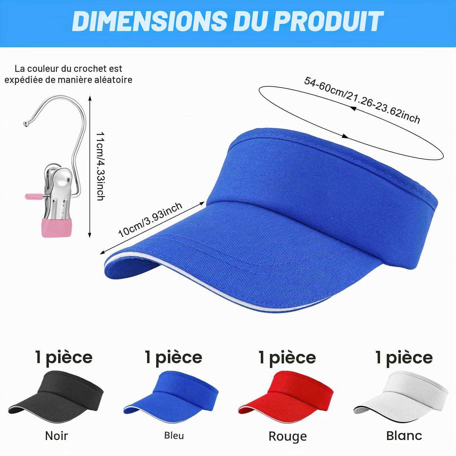 XianZhan Casquette visière EU 4, casquette de baseball 54-60 cm avec 4 clips, respirante et absorbant la transpiration, unisexe, 4 couleurs : noir, blanc, rouge, bleu
