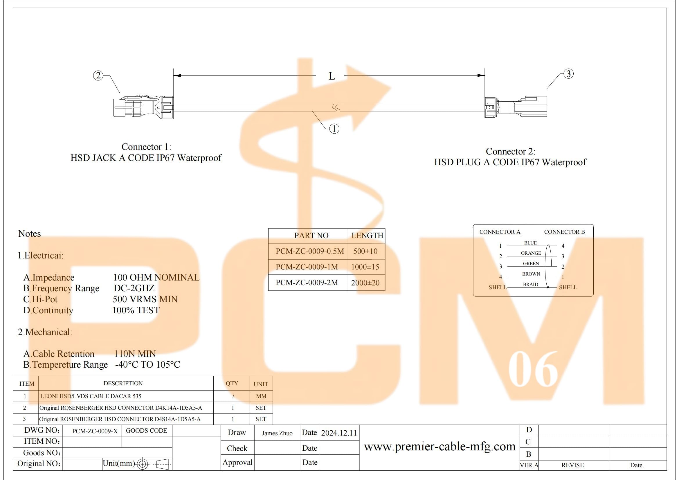 Rosenberger Fakra adattatore impermeabile HSD A Code 4P maschio D4S14A-1D5A5-A a femmina D4K14A-1D5A5-A cablaggio automobilistico per BMW/Audi (2 m)