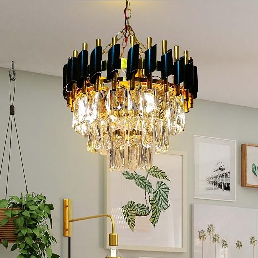 Desidiya Black Mamba Modern Crystal Pendant Light 2 Tiers Black and Gold Fixtures 14” Round, Stainless Steel Tube Crystal ...