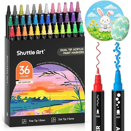 Shuttle Art 36 Colors Dual Tip Acrylic Paint Markers, Dot Tip and Fine Tip Acrylic Paint Pens for Rock, Ceramic, Wood, Canvas, Plastic, Glass, Stone, Calligraphy, Card Making, Crafts & Nail Art