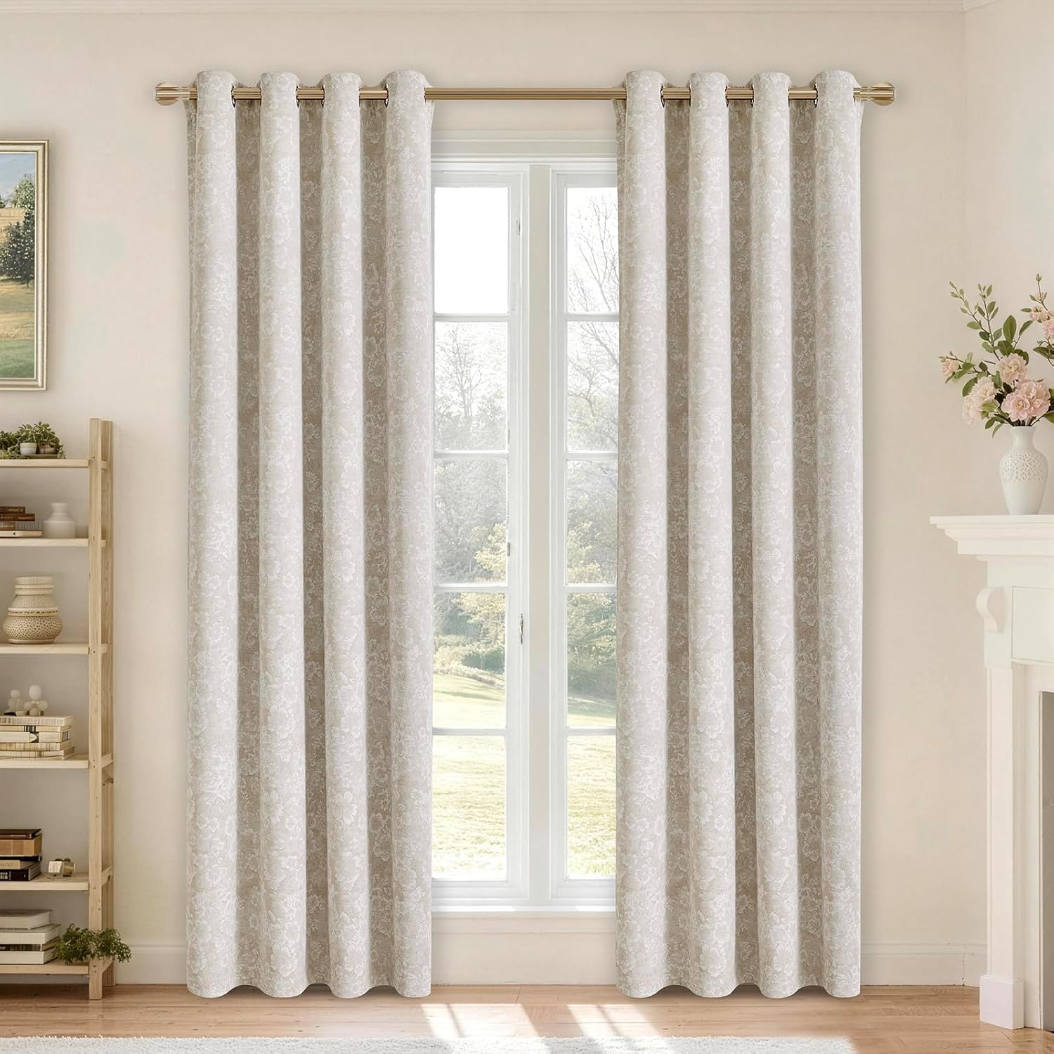 Dusty Beige Floral Jacquard Blackout Curtains 84 Inch Length 2 Panels, Chenille Heavyweight Window Drapes, Thermal Insulated 95% Room Darkening Grommet Curtains for 52" W x 84" L inch