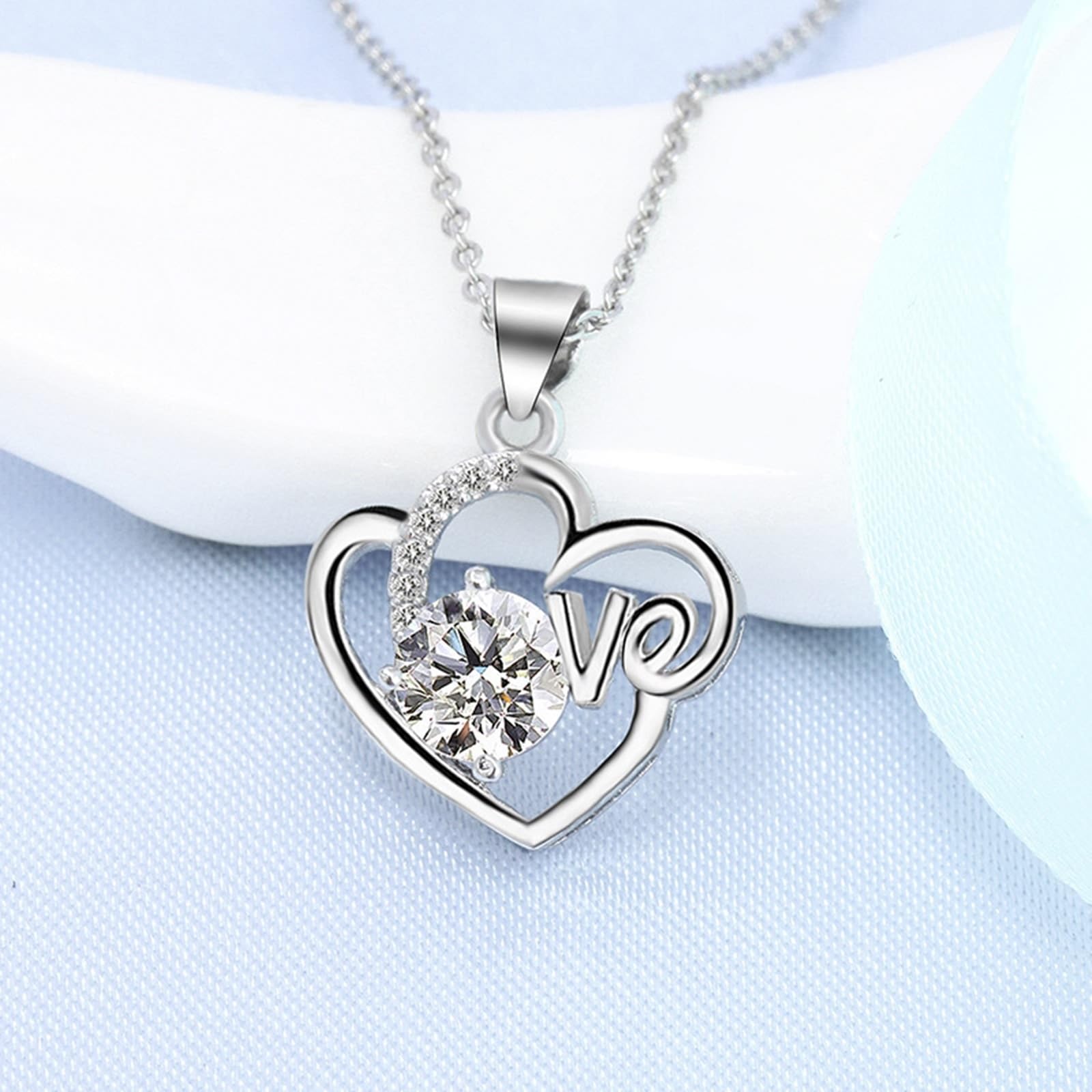 Collana Donna Matrimonio Oro Bianco 9k/14k/18k, Ciondolo per Collana Cuore d'Amore con Diamante Sintetico, Catena Regolabile 40+5 cm