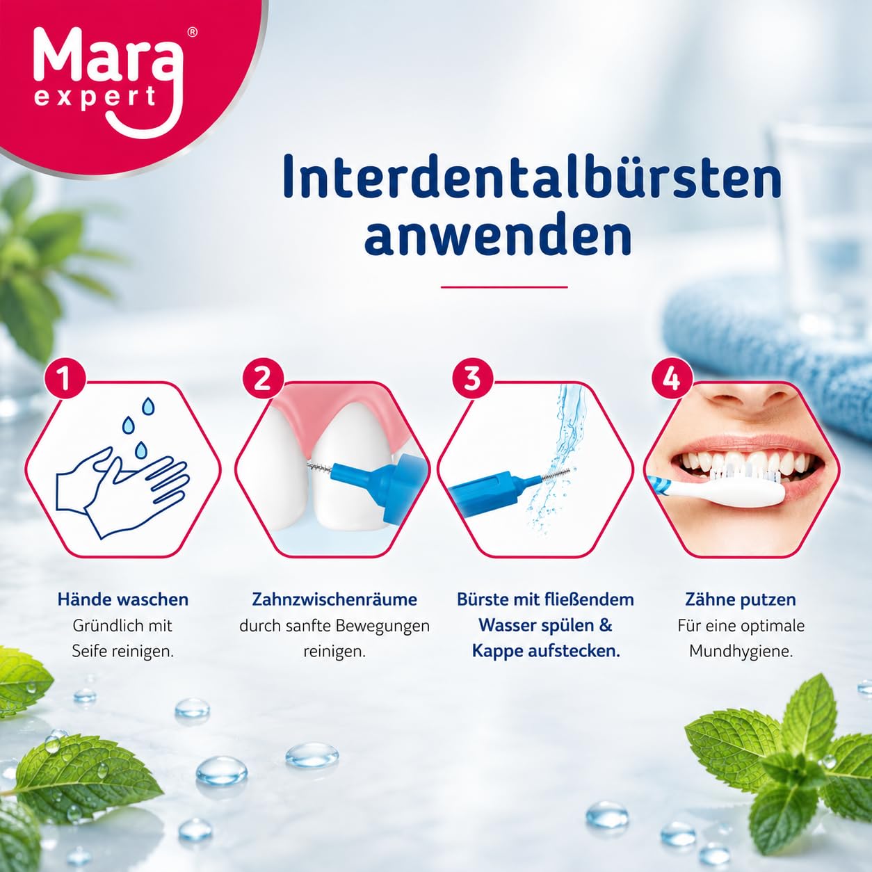 MARA EXPERT Cepillo Interdental Azul | 0,6 mm ISO 3 Medio | 8 cepillos interdentales | Bioplástico | Cepillos para Espacios Interdentales | Con Sabor a Menta - Clorhexidina - Flúor