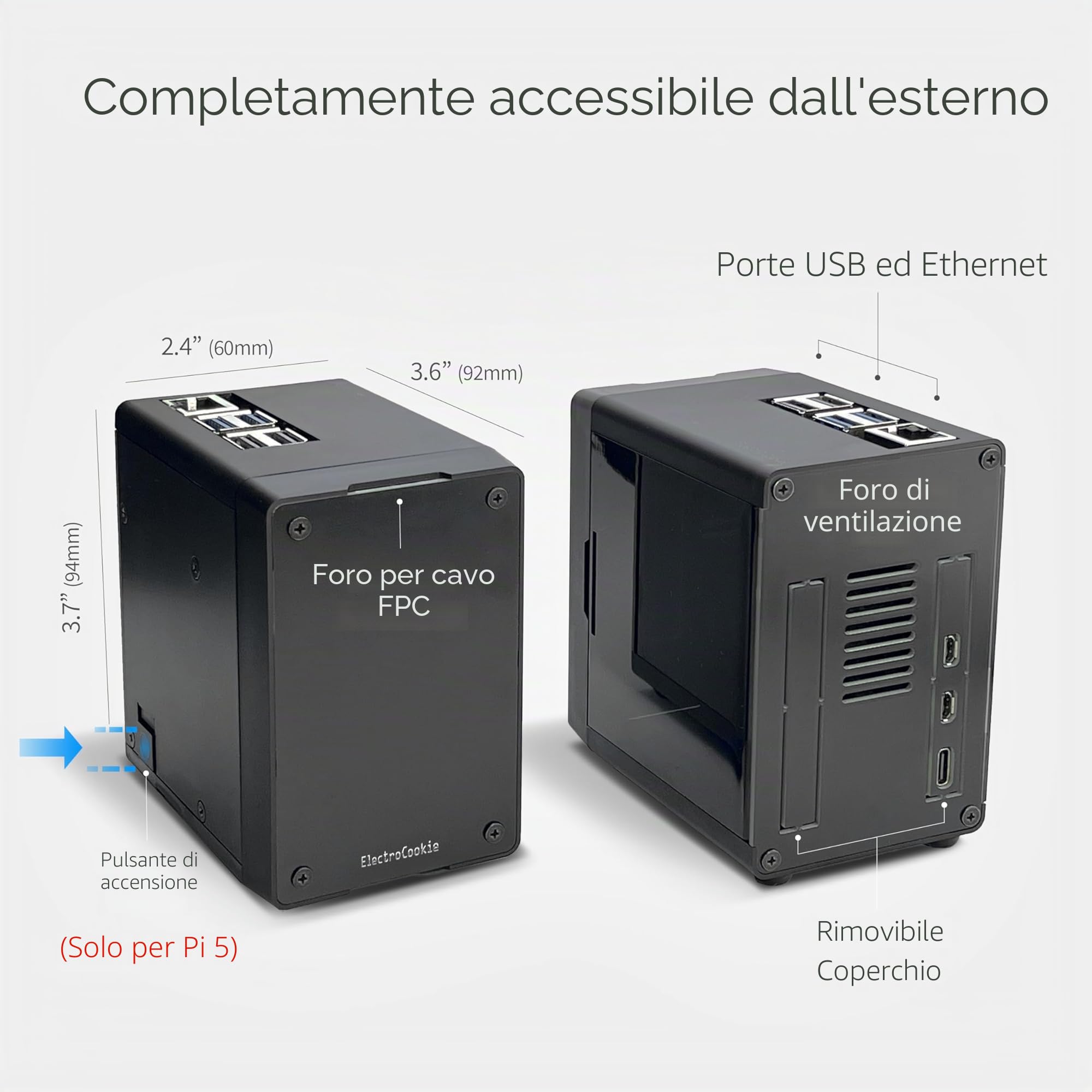 Custodia Mini PC ElectroCookie per Raspberry Pi 5 con SSD M.2 NVMe PCIe HAT e Illuminazione RGB Attiva (Custodia Nera + HAT M.2[X1001])