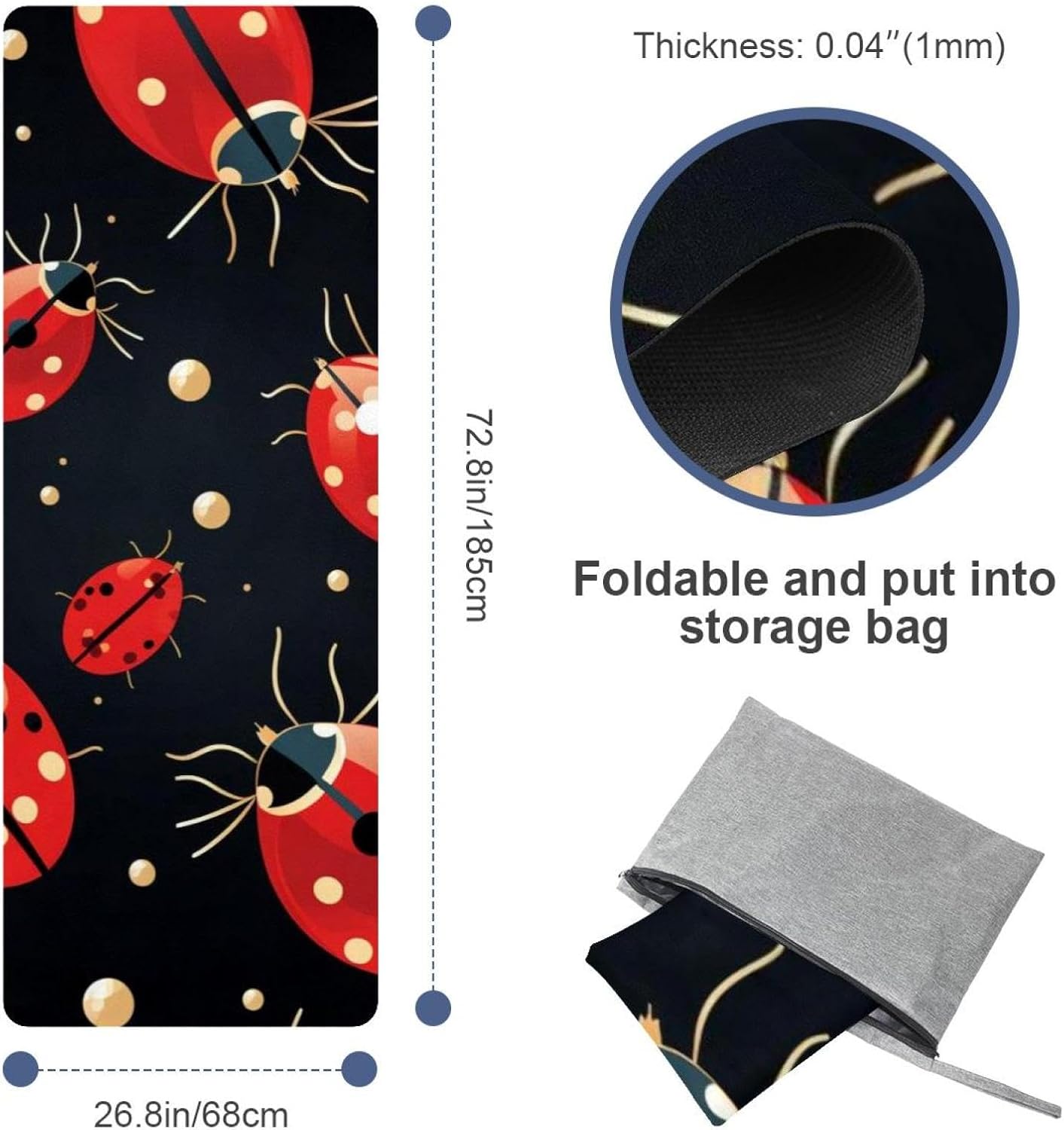 Yoga Towel, Ladybug Pattern Non Slip Sweat Absorbent Hot Yoga Mat Towel for Hot Yoga, Pilates and Fitness - 72.8" x 26.8"