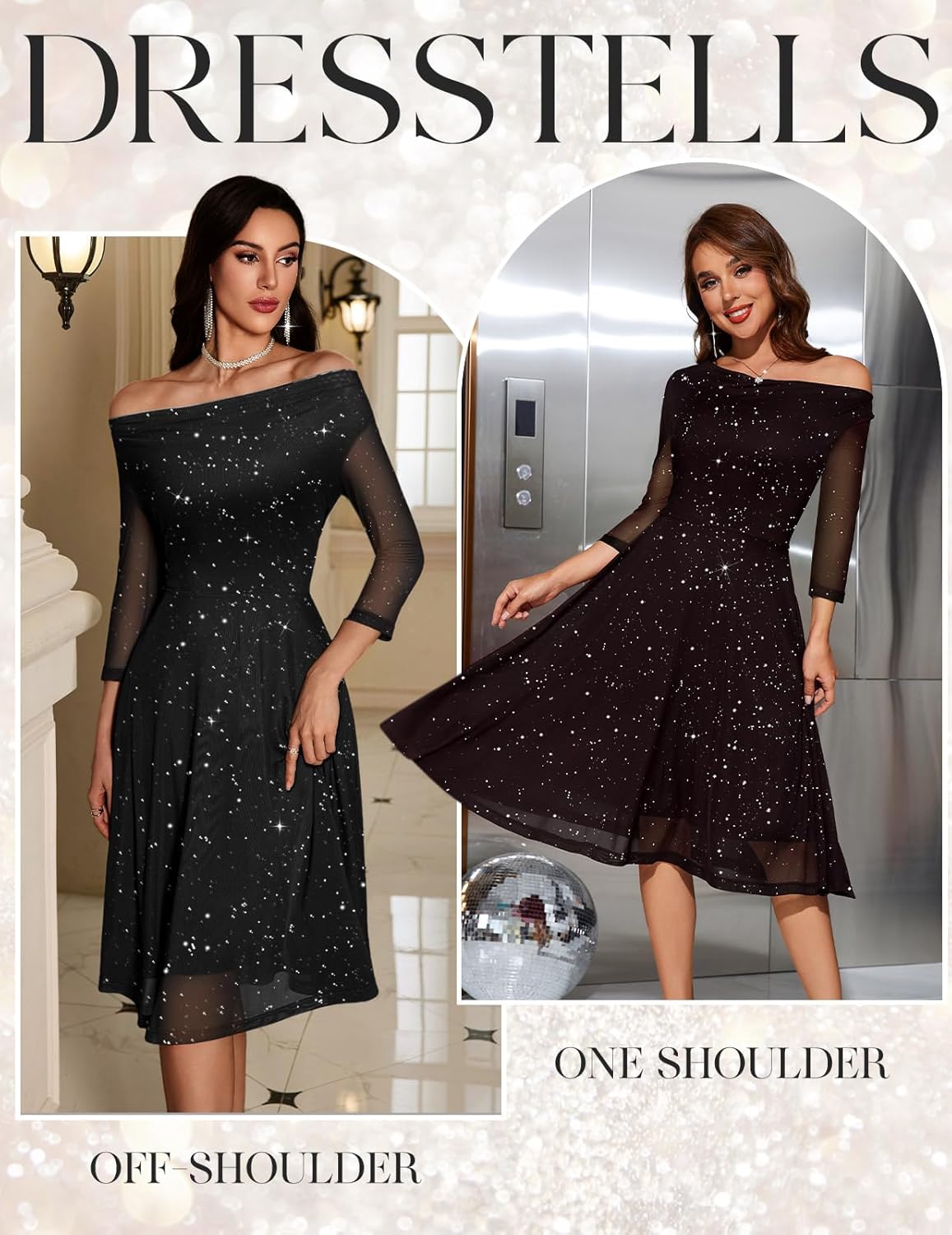 DRESSTELLS Cocktail Dress for Women, Sparkly Cowl Neck 3/4 Sleeves Wedding Guest Dresses 2026 - Image 3