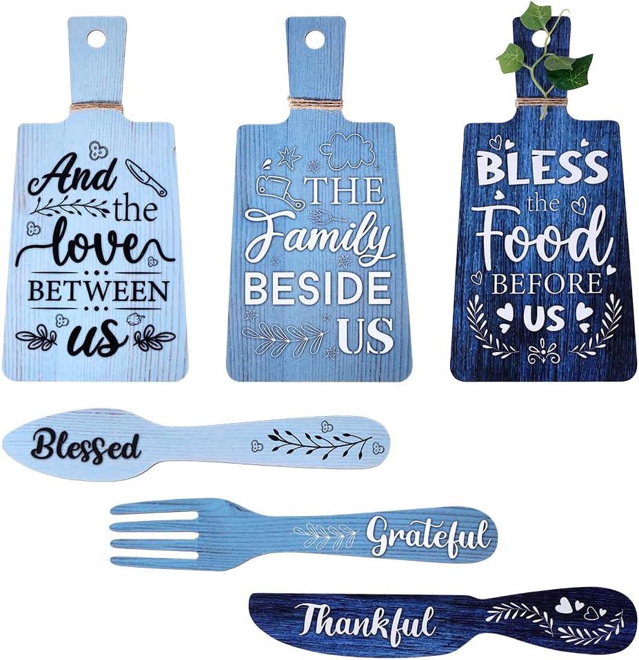 PH PandaHall 6pcs Kitchen Wall Decor Bless Food Sign Set Wall Table Accessories Wooden Pendant Decorations Mini Plaque Fork Spoon Shape Sign Rustic Style Home Dector Blue, 11x5.5 inch/11.8x2 inch