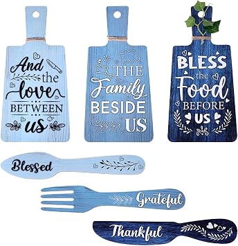 PH PandaHall 6pcs Kitchen Wall Decor Bless Food Sign Set Wall Table Accessories Wooden Pendant Decorations Mini Plaque Fork Spoon Shape Sign Rustic Style Home Dector Blue, 11x5.5 inch/11.8x2 inch