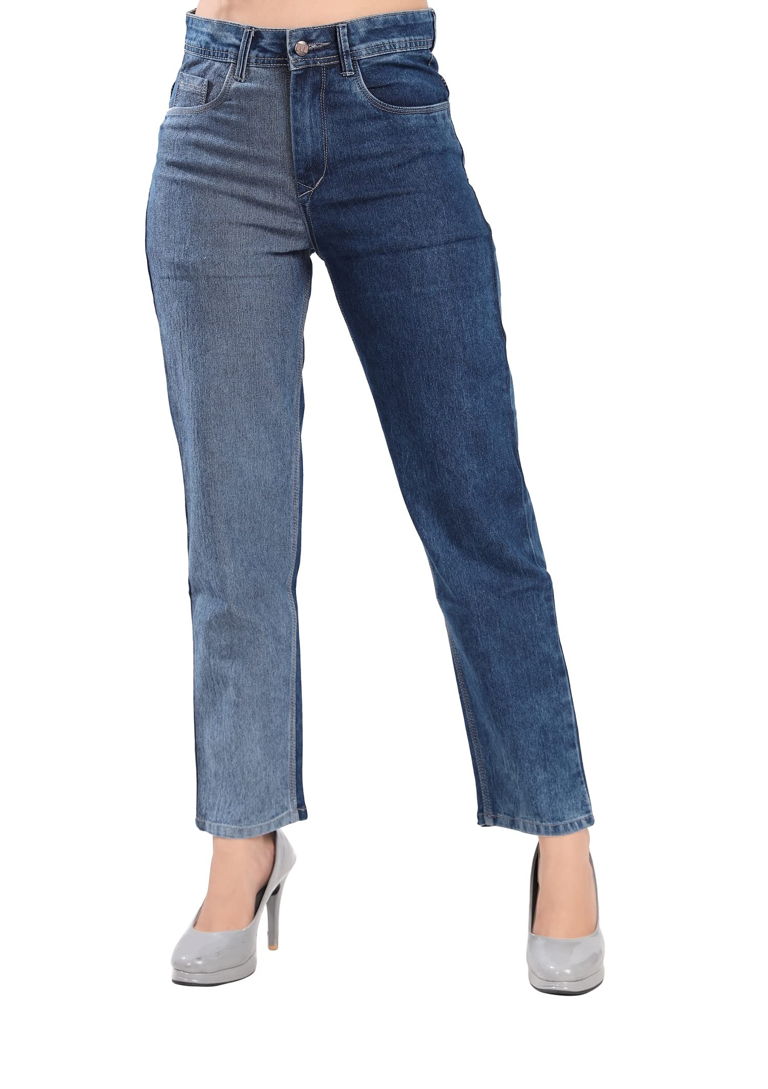 Mastec JEANS Woman's Denim High Rise Straight Fit Jeans with Dual Colour Fronts with one Side Lighter