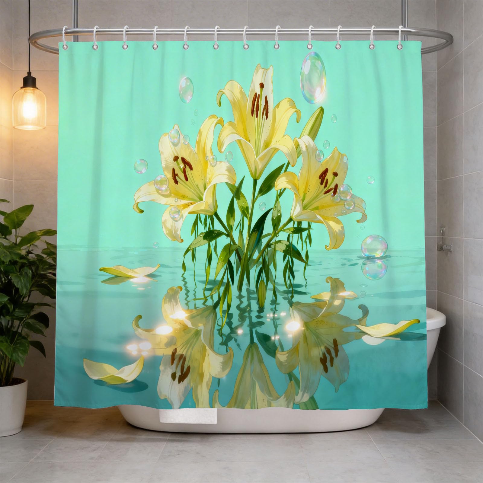 Hongduo 3D Lily Shower Curtain for Stalls Bathtubs Chic Bathroom Decor Shower Curtain Set Polyester Fabric Waterproof 200x200cm/79X79 Inch with Hooks