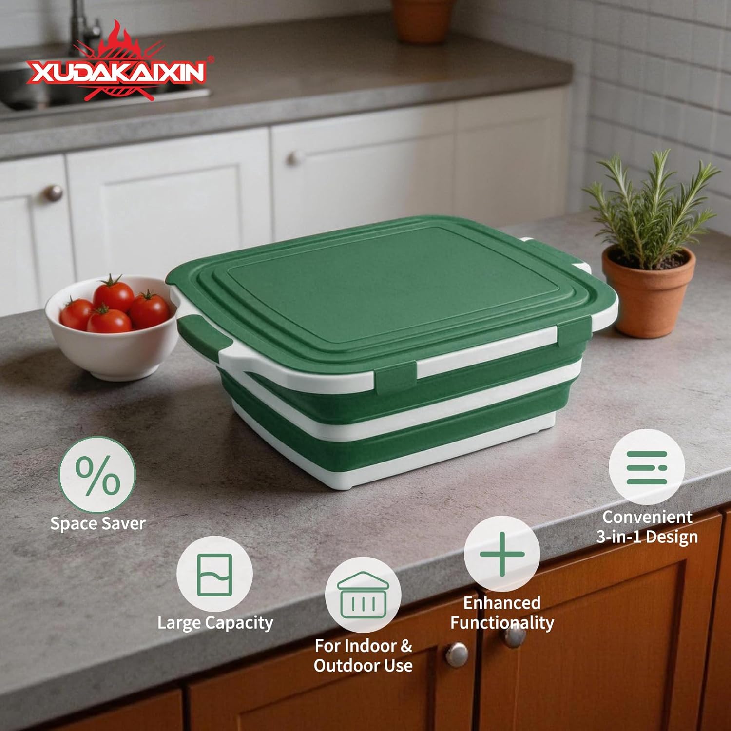 Collapsible BBQ Prep Tub for Meal Prep, Marinating,Food Storage, picnics, camping, barbecues,cutting fruits and vegetables - Includes Cutting Board and Locking Lid,(X-Large) Green