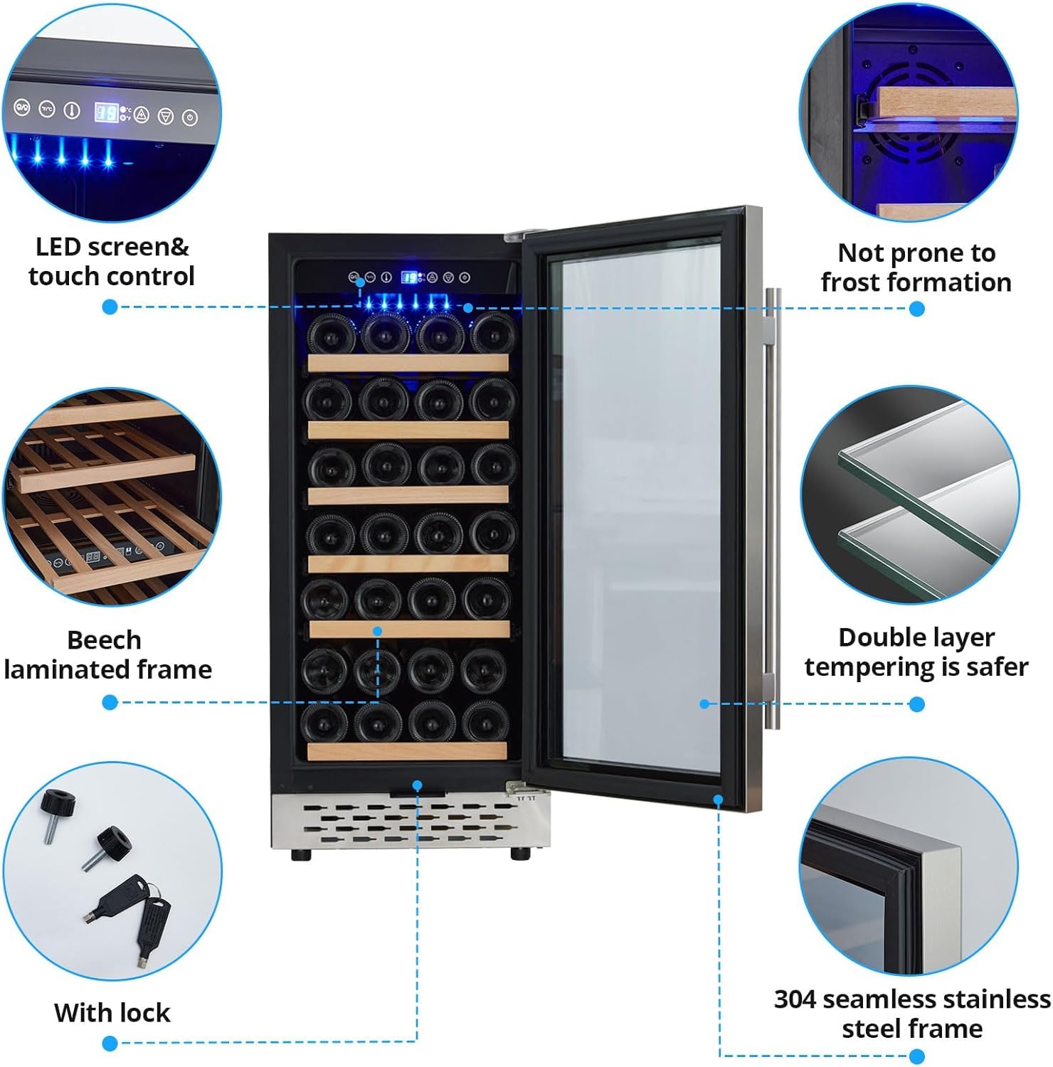 Wine Cooler, Beverage Wine Refrigerator, 28 Bottle, Built-In Or Freestanding, 34-65°F Digital LED Touchscreen, Adjust Temperature, Wine Refrigerator for Red, White, Champagne for Bar, Home, Kitchen on Fridge.com
