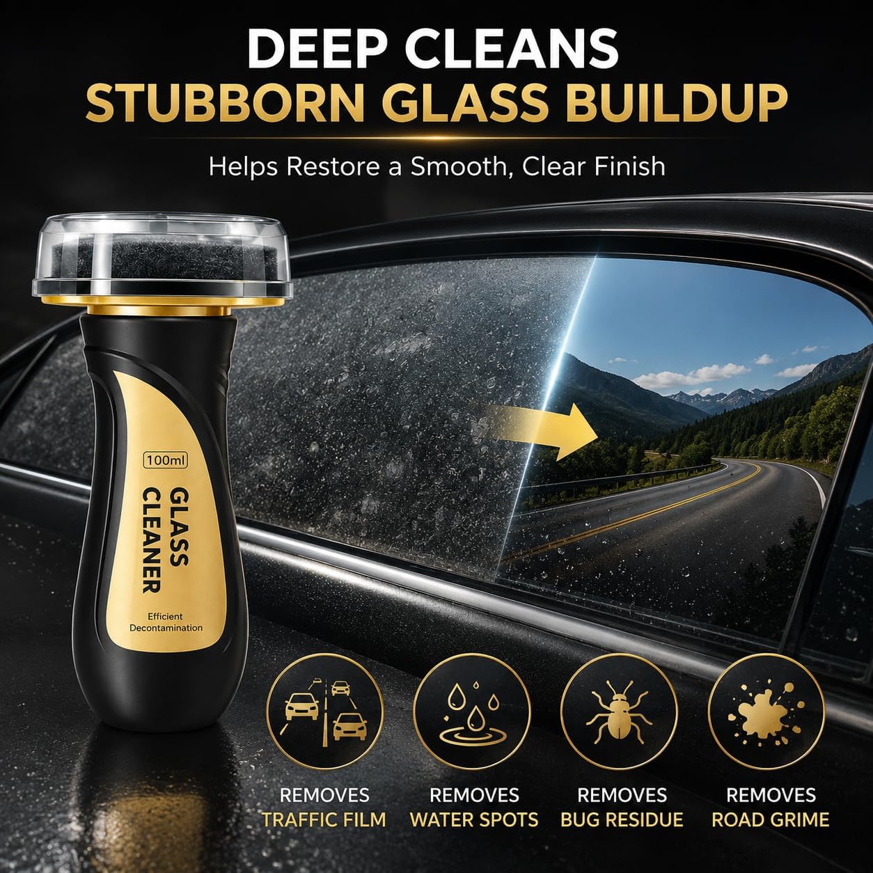 Glass Degreasing Film, 100ml Roll-On Windshield Oil Film Remover Brush for Car Windows & Mirrors, Removes Traffic Film Water Spots Bugs & Road Grime, Hydrophobic Rain Repellent, Clear Visibility